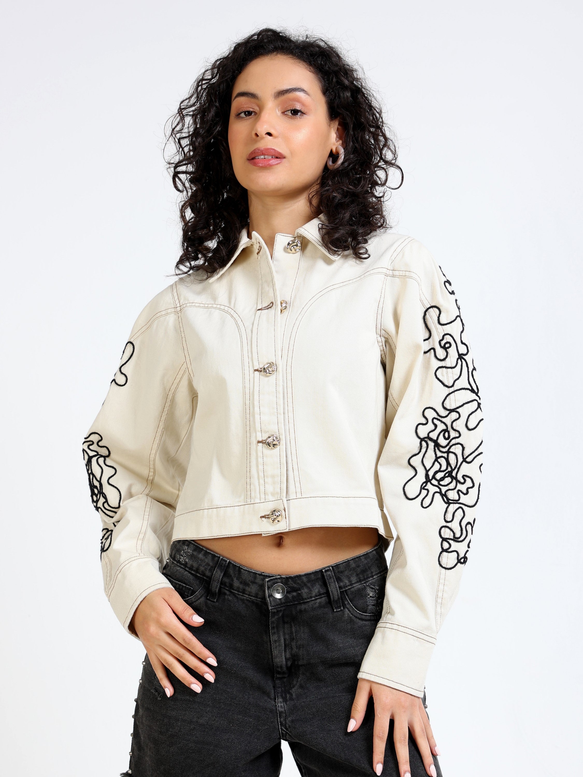 Women Cream Denim Jacket with Embroidered Sleeve