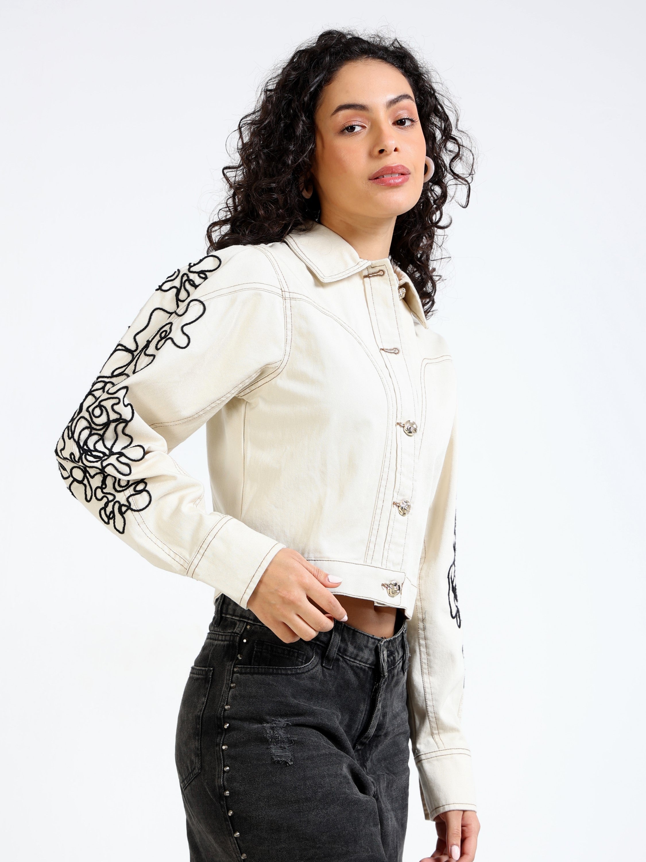 Women Cream Denim Jacket with Embroidered Sleeve