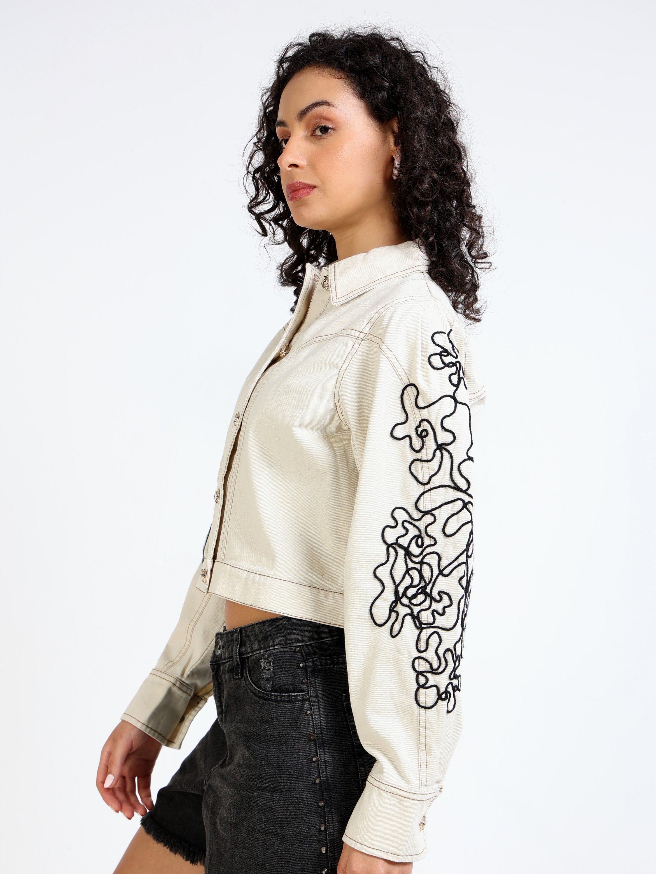 Women Cream Denim Jacket with Embroidered Sleeve