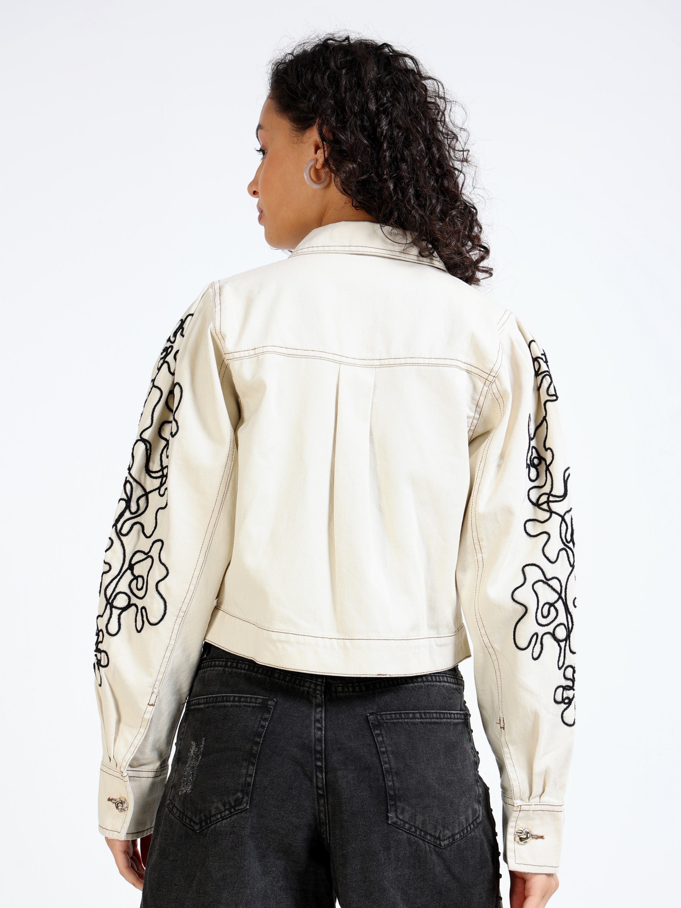 Women Cream Denim Jacket with Embroidered Sleeve