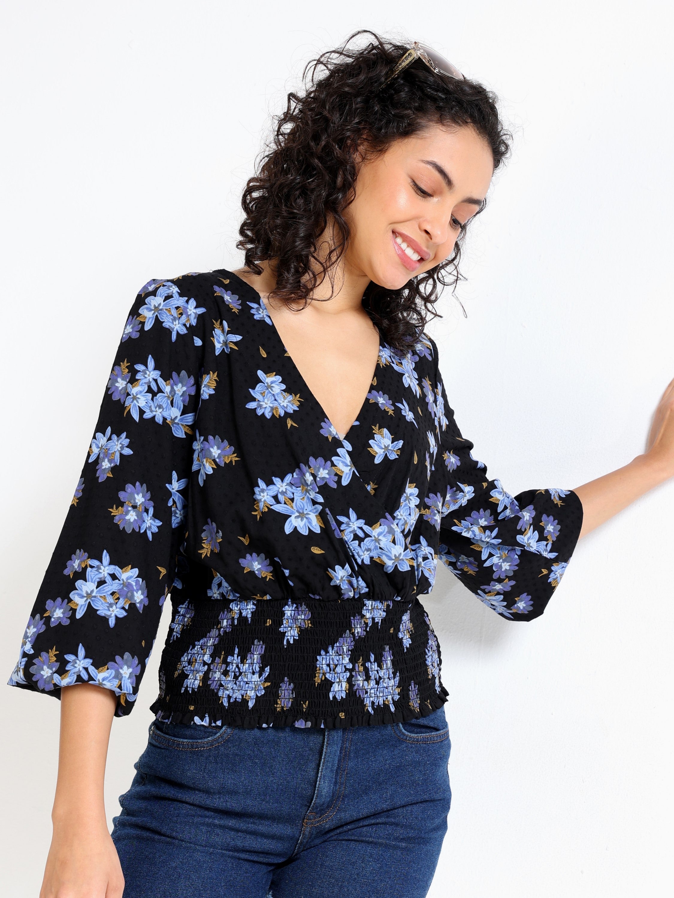Women Black Top with Floral print