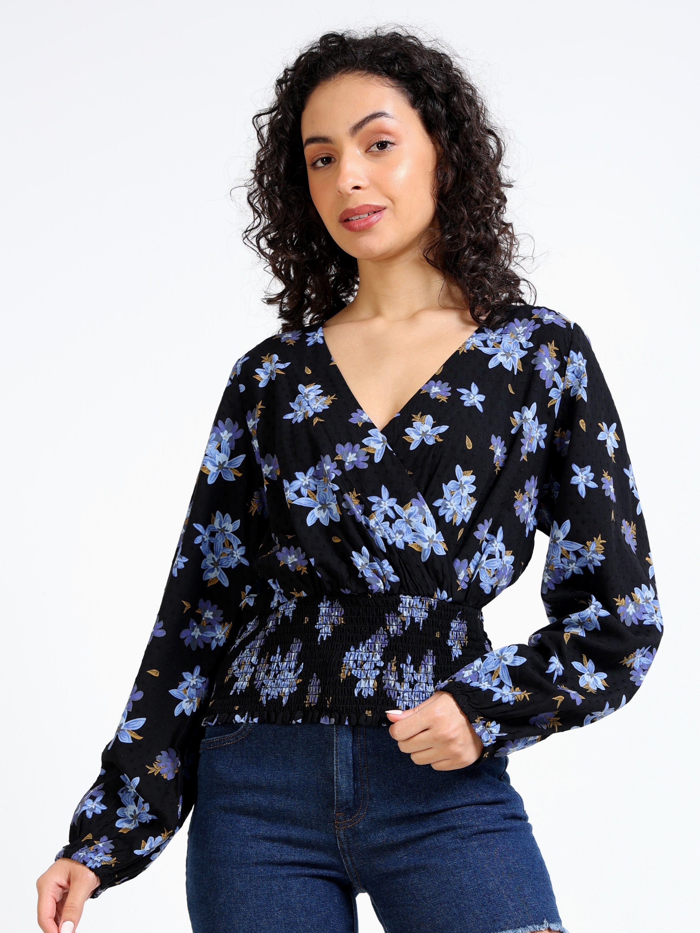 Women Black Top with Floral print