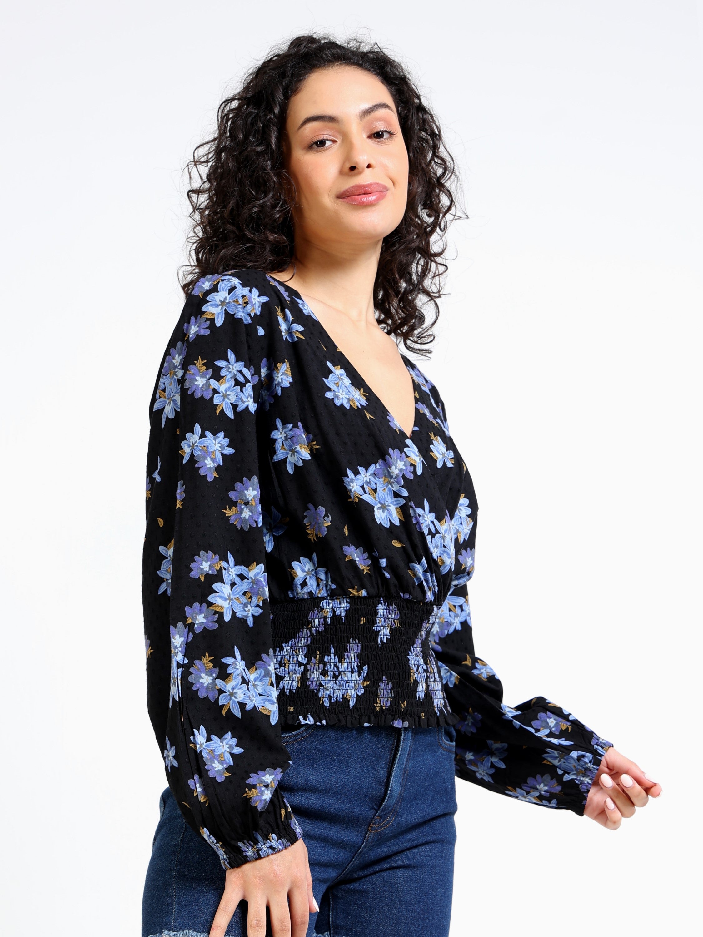 Women Black Top with Floral print