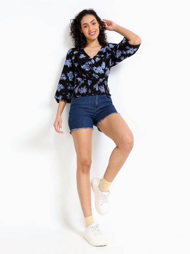 Women Black Top with Floral print
