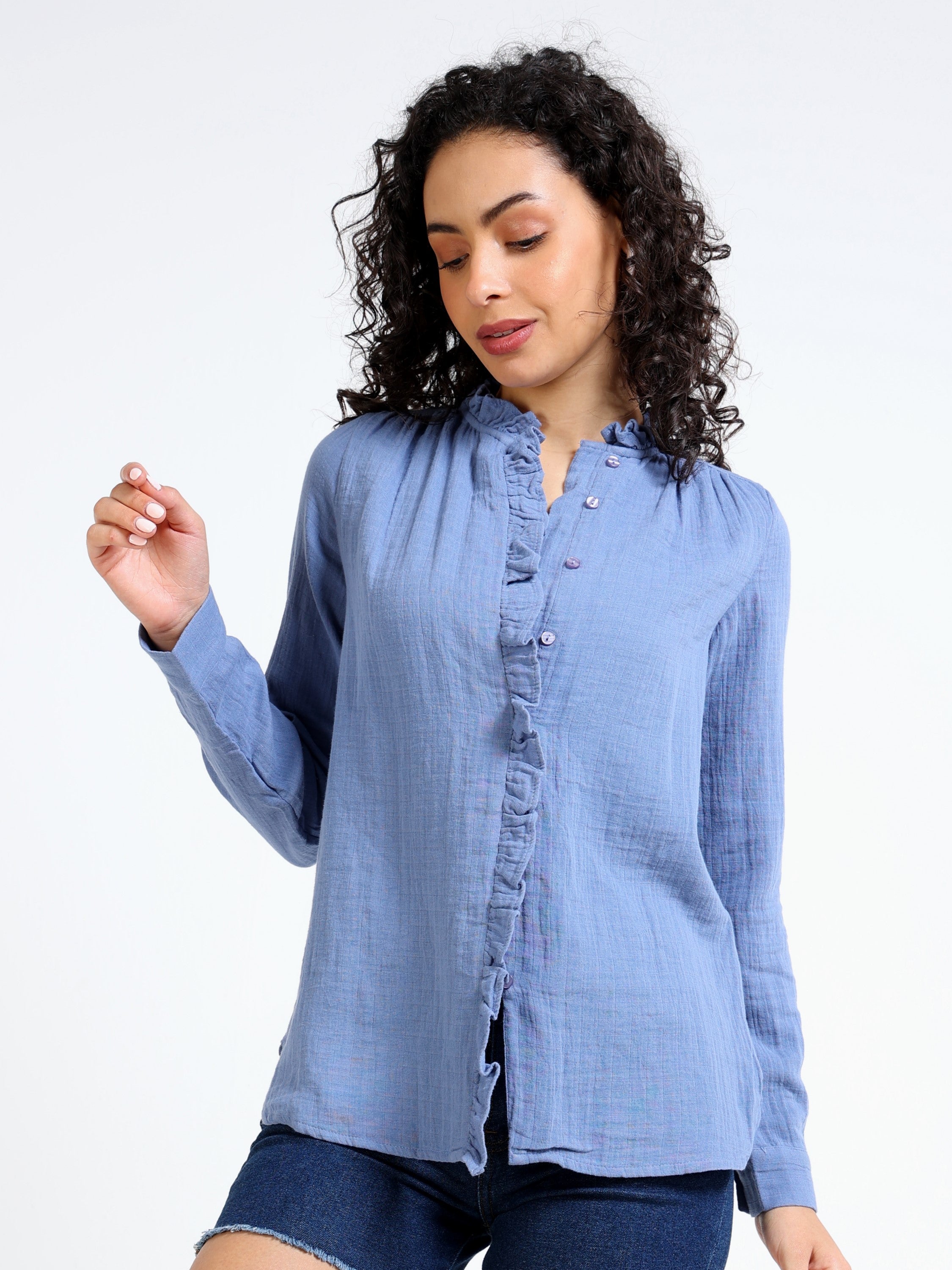 Women Blue double cloth Cotton shirt