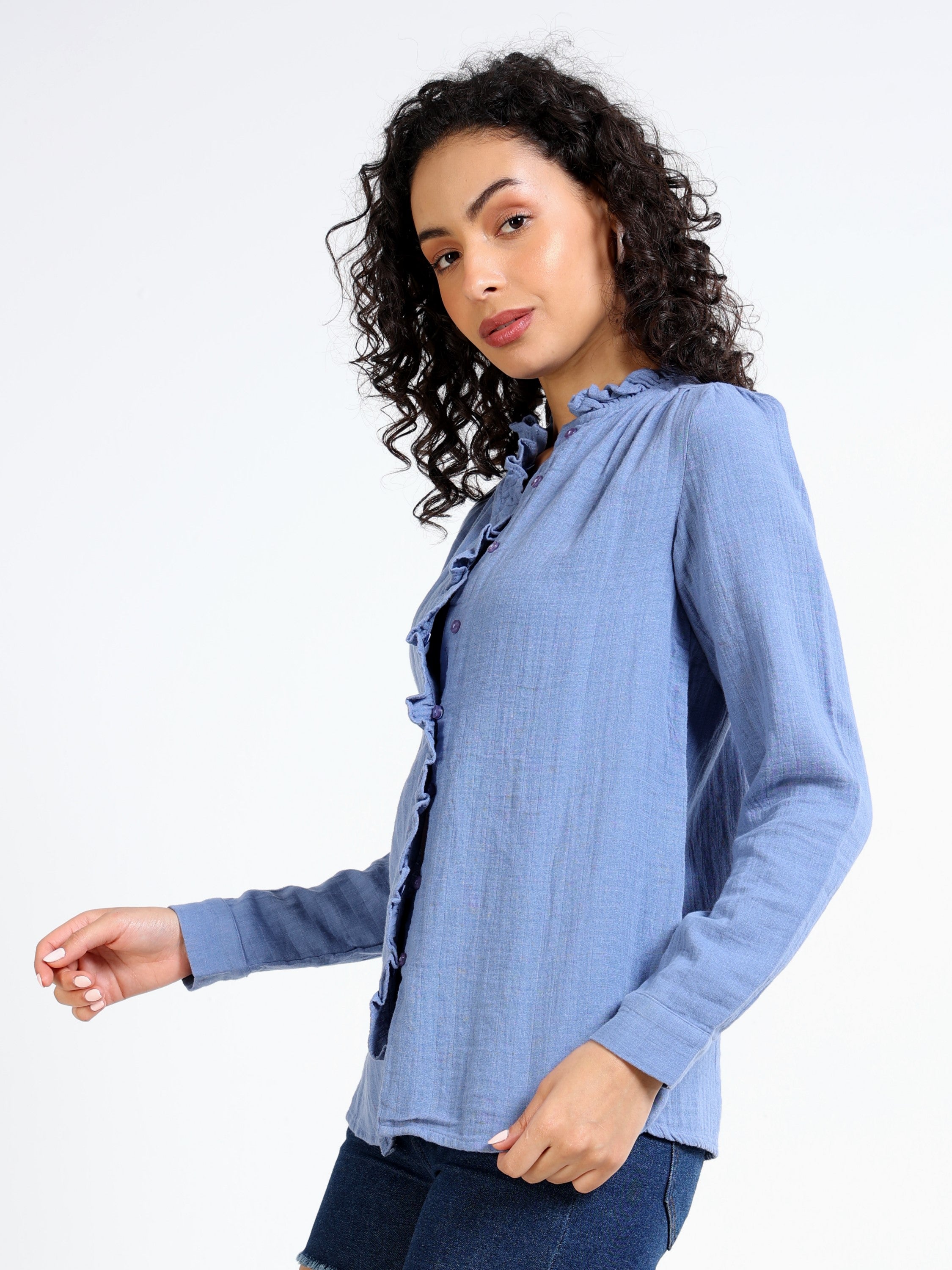 Women Blue double cloth Cotton shirt