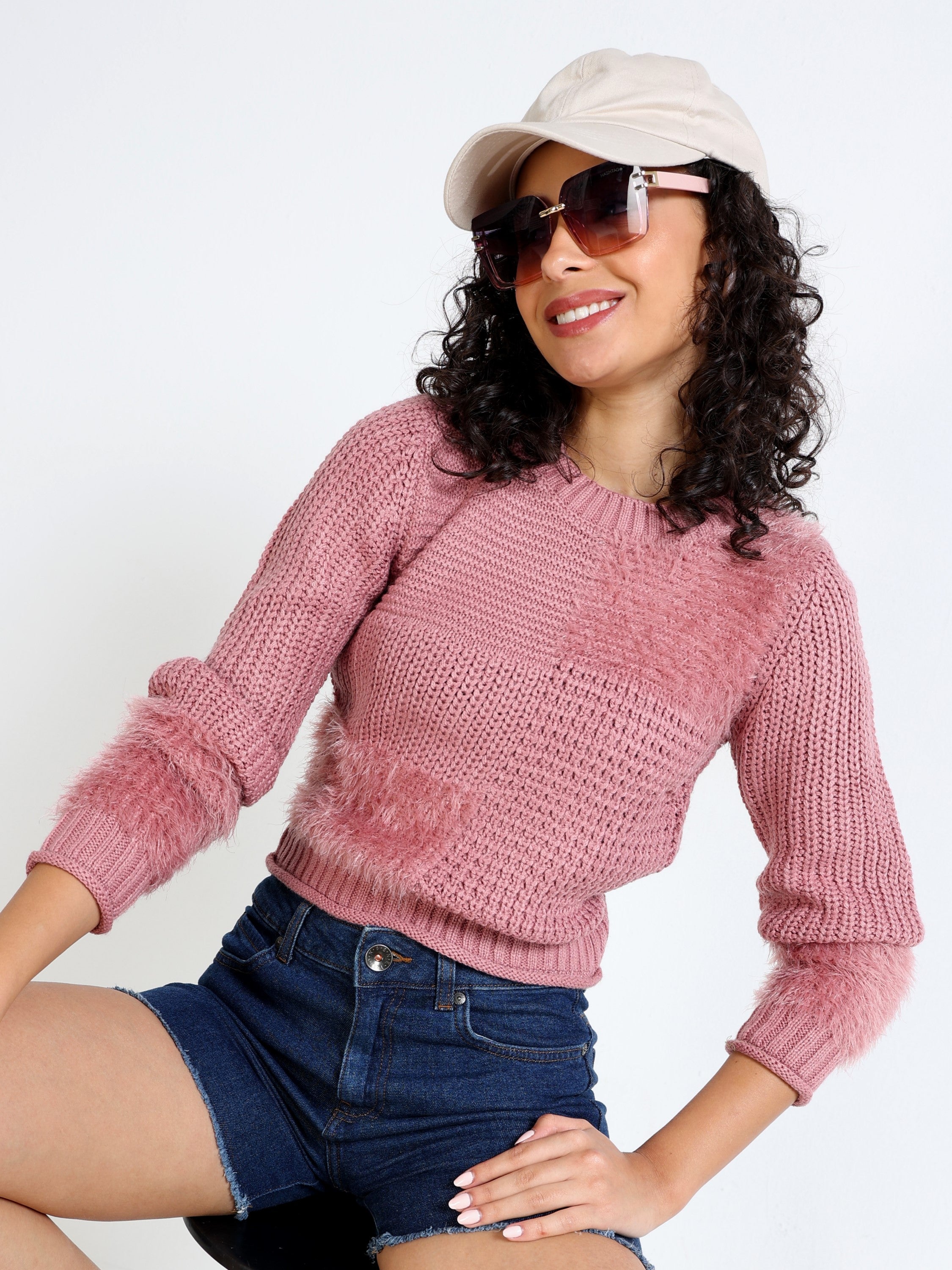 Women Pink Crew Neck Sweater