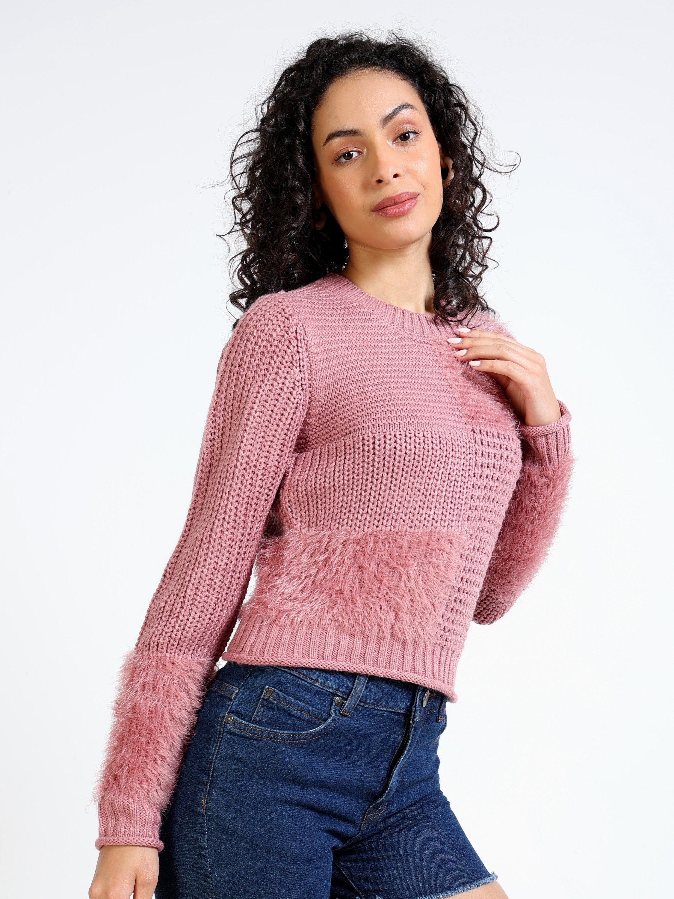 Women Pink Crew Neck Sweater