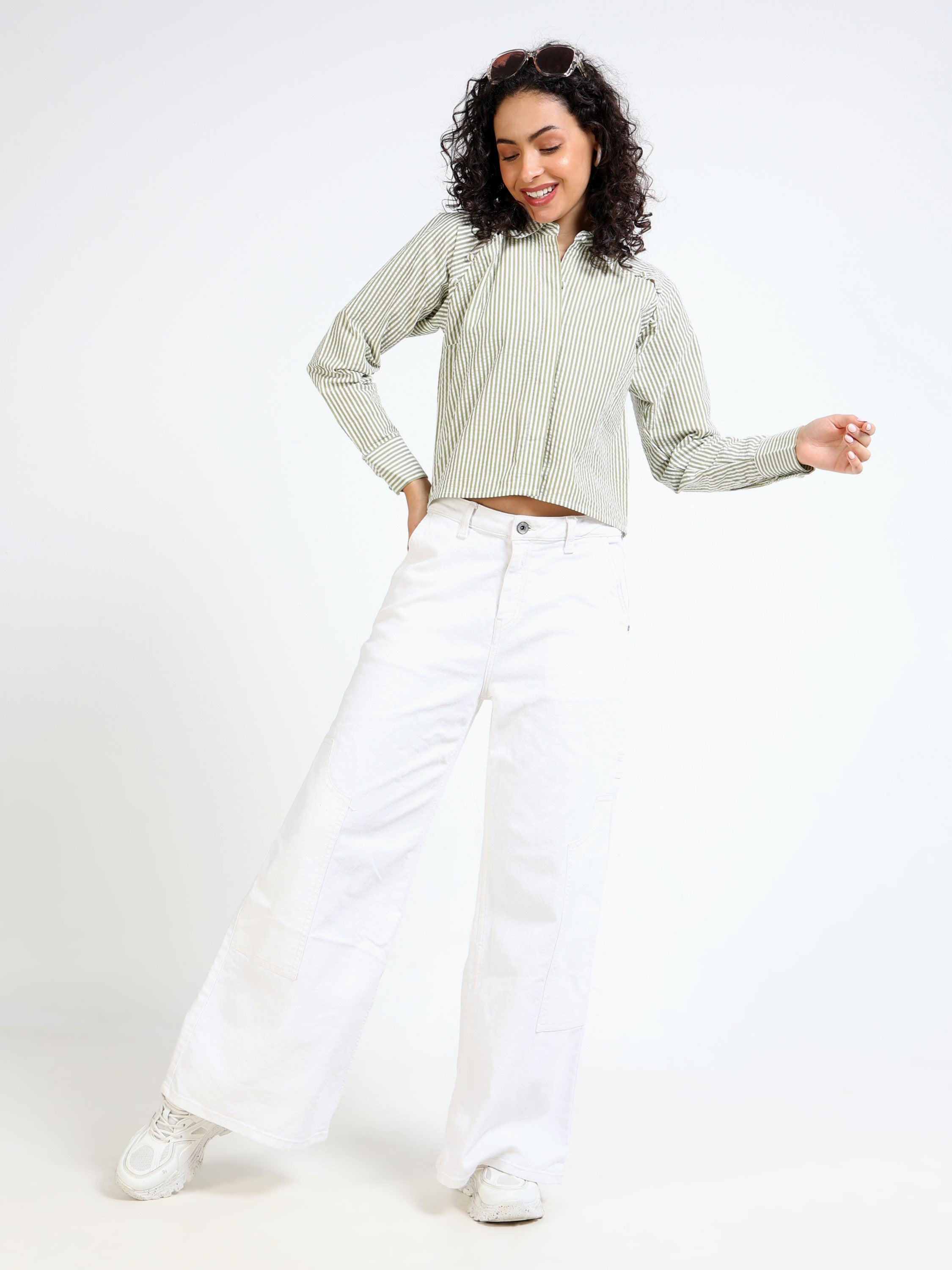 Women Green Stripe Raglan Sleeve Top