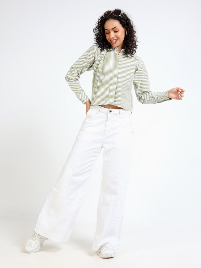 Women Green Stripe Raglan Sleeve Top