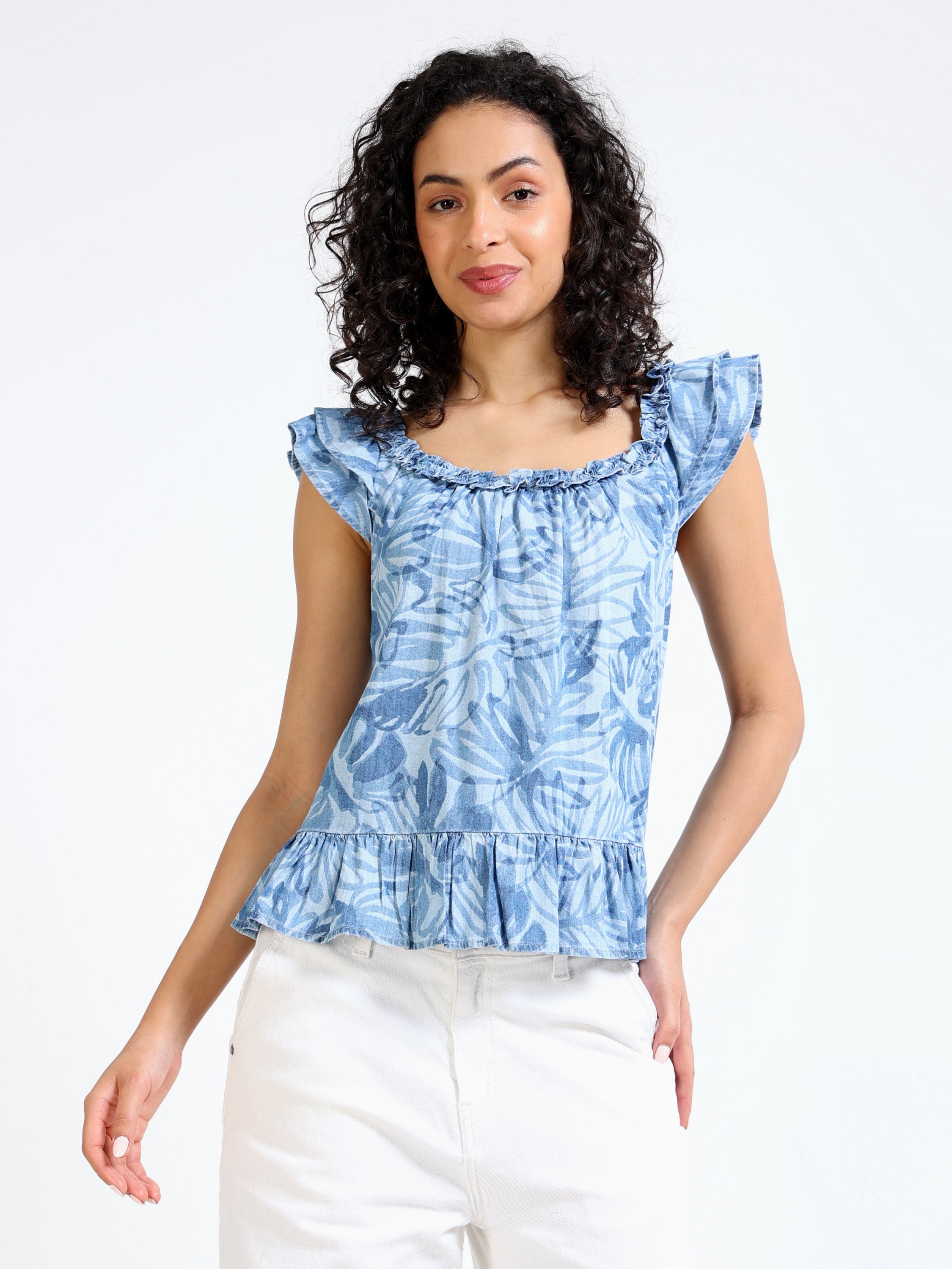 Women Blue Solid Ruffle Sleeve Floral Top