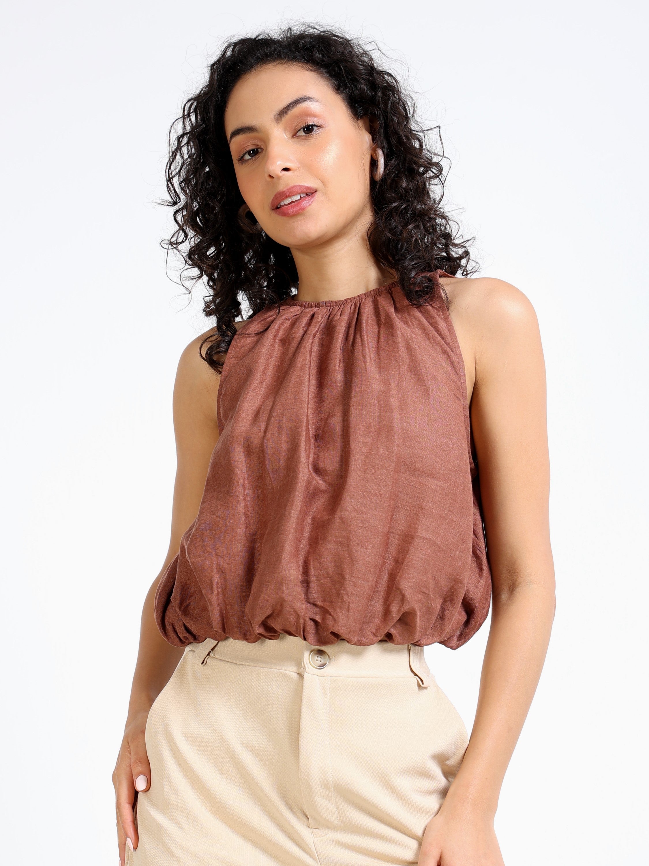 Women Brown Bubble Crop Top