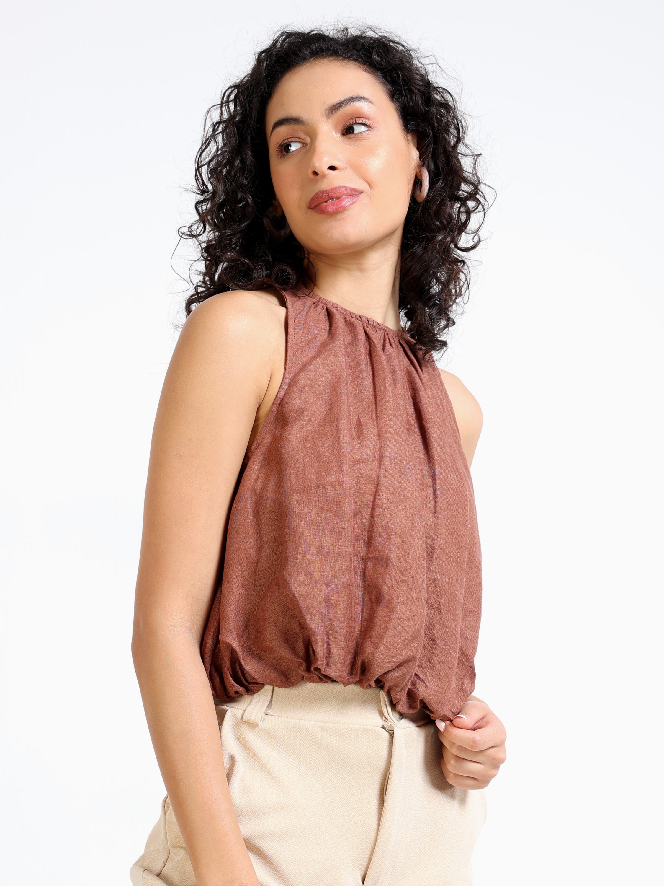 Women Brown Bubble Crop Top