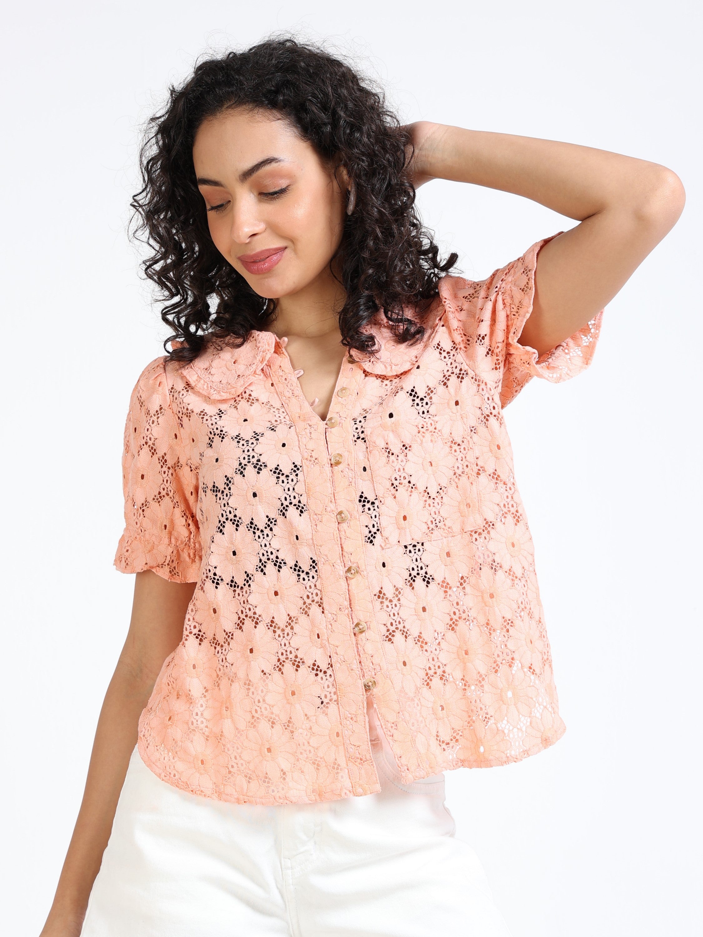 Women Orange Embroidery Shirt
