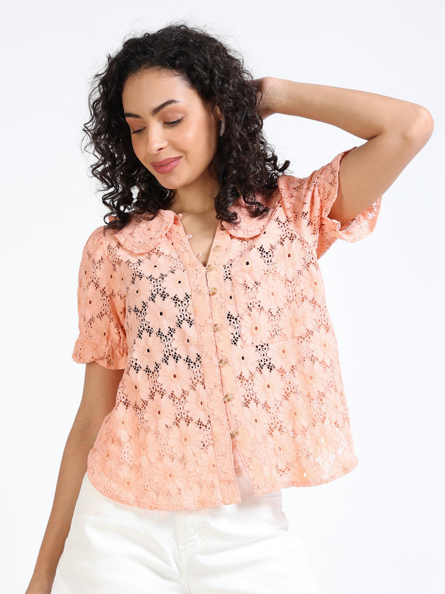 Women Orange Embroidery Shirt