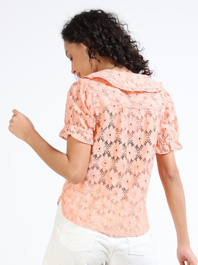 Women Orange Embroidery Lace Shirt