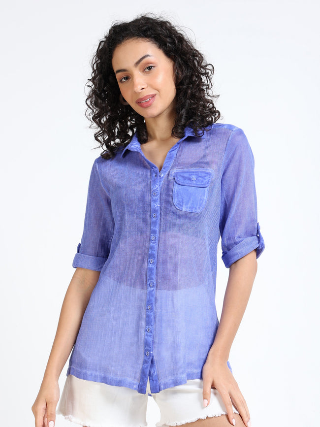 Women Blue Mesh Sheer Regular Fit Shirt