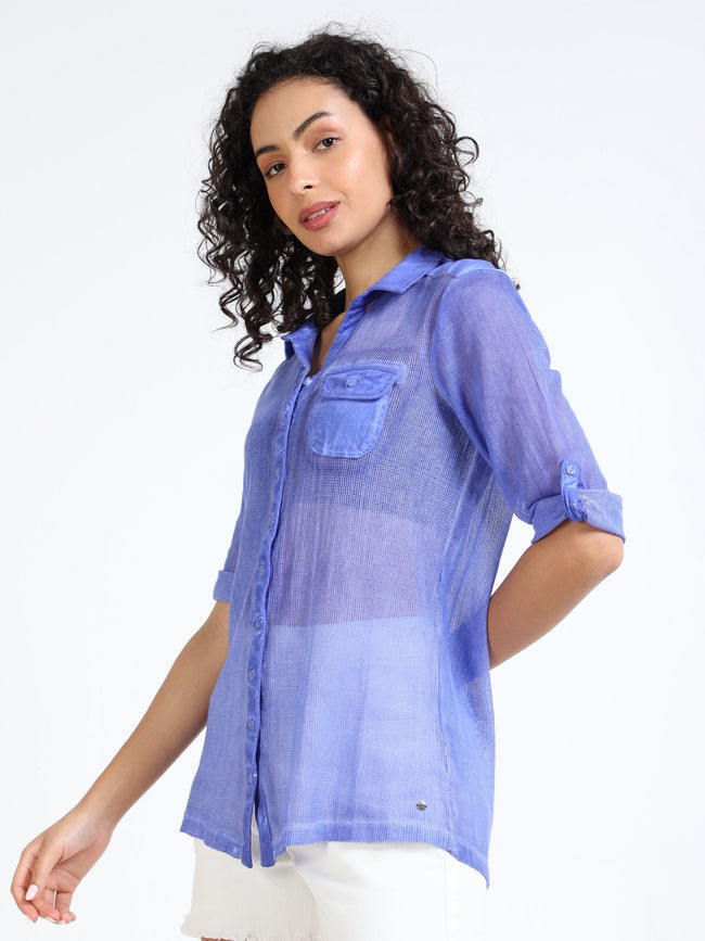 Women Blue Mesh Sheer Regular Fit Shirt