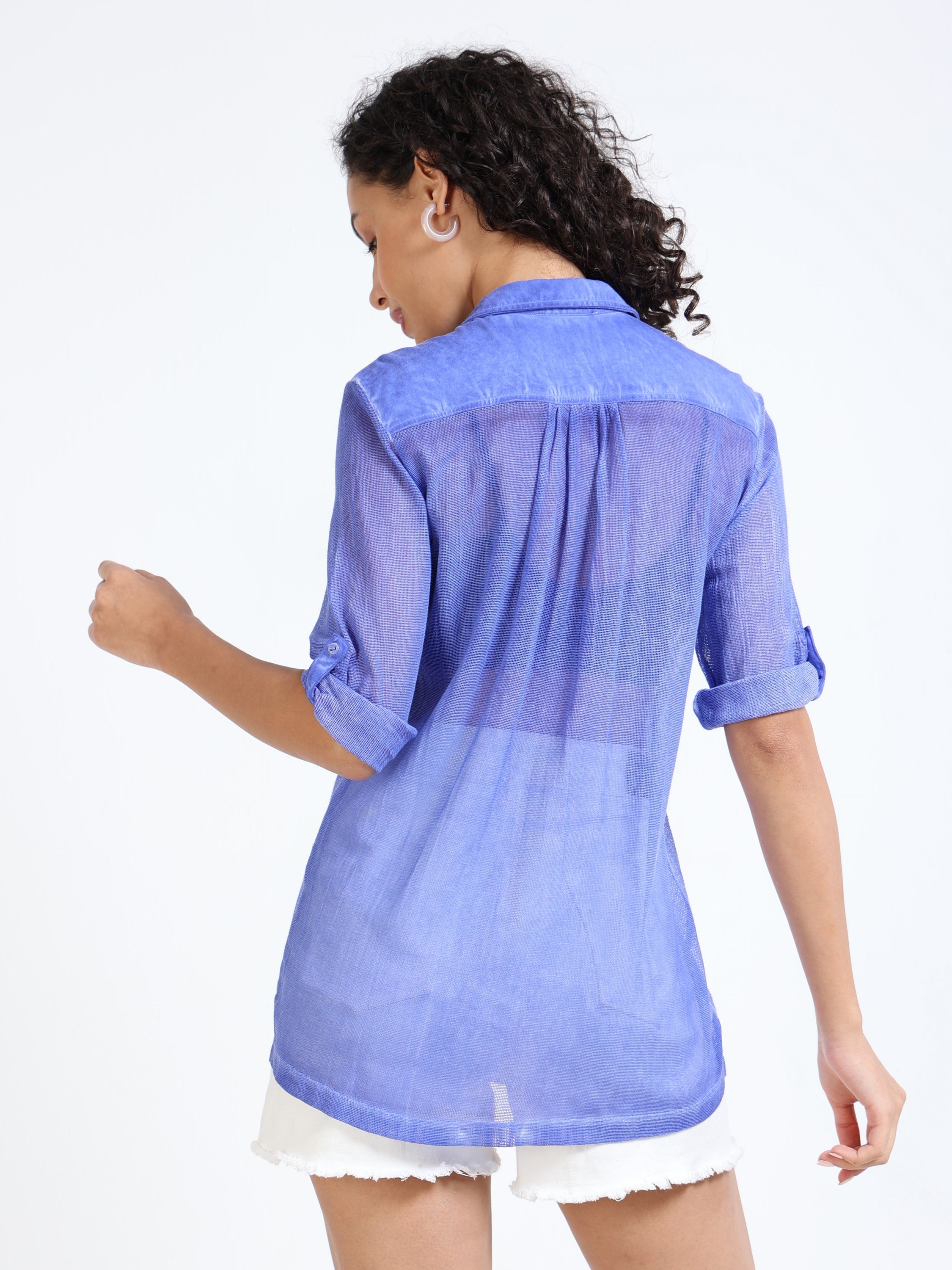 Women Blue Mesh Sheer Regular Fit Shirt