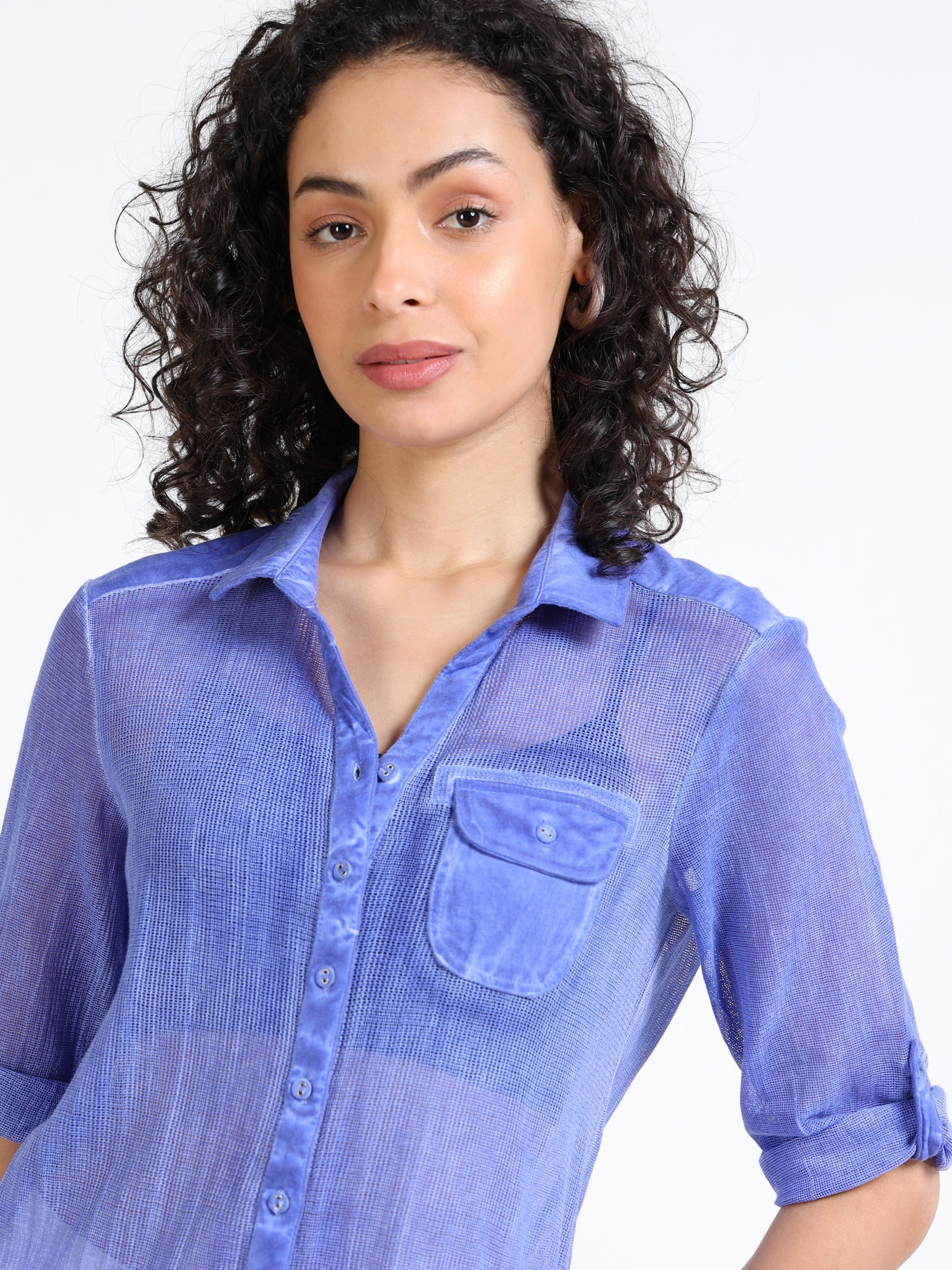 Women Blue Mesh Sheer Regular Fit Shirt