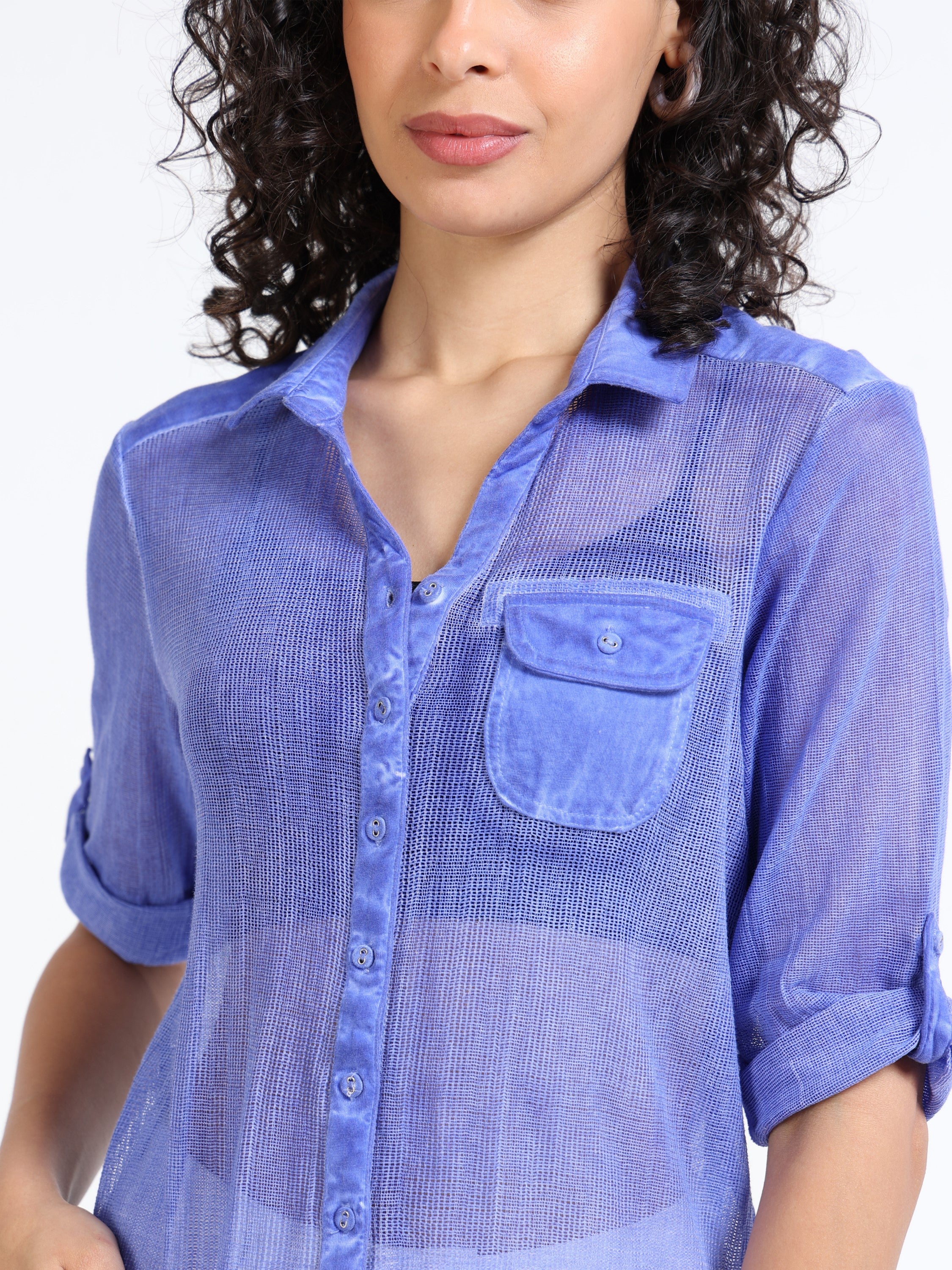 Women Blue Mesh Sheer Regular Fit Shirt