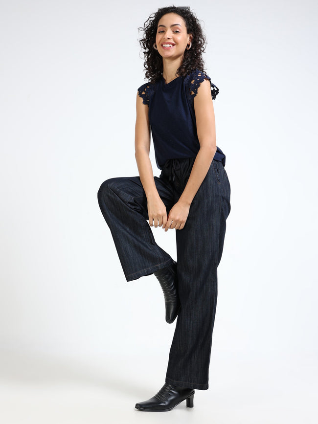 Women Blue Denim Flared Pants