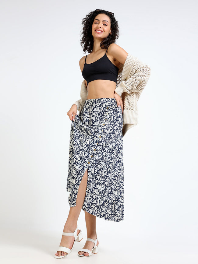 Women Navy Printed Straight Skirt