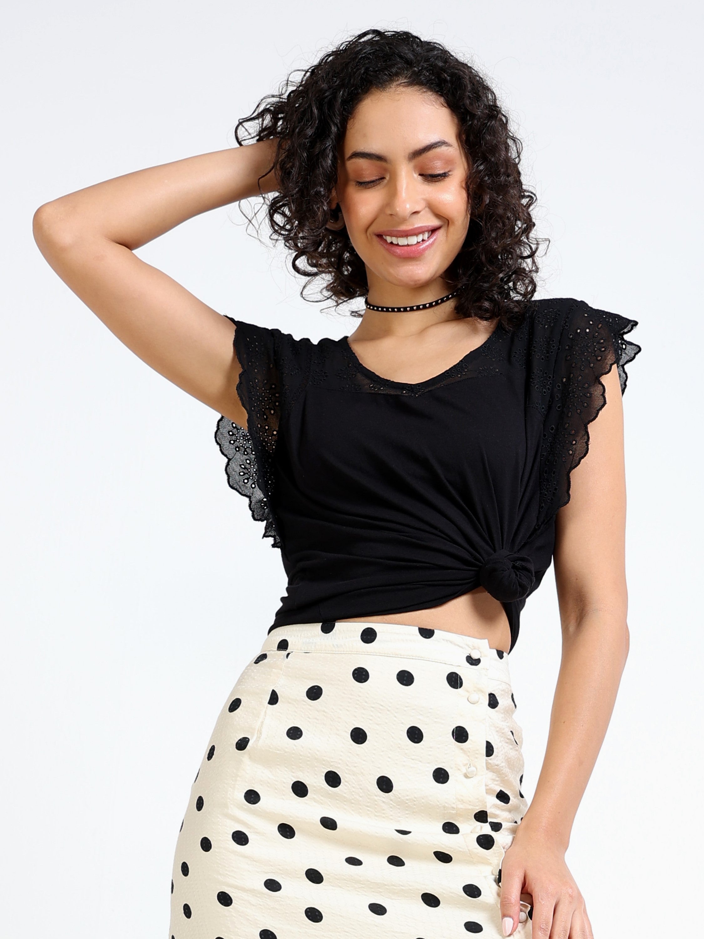 Women Black Shiffli Sleeved Top