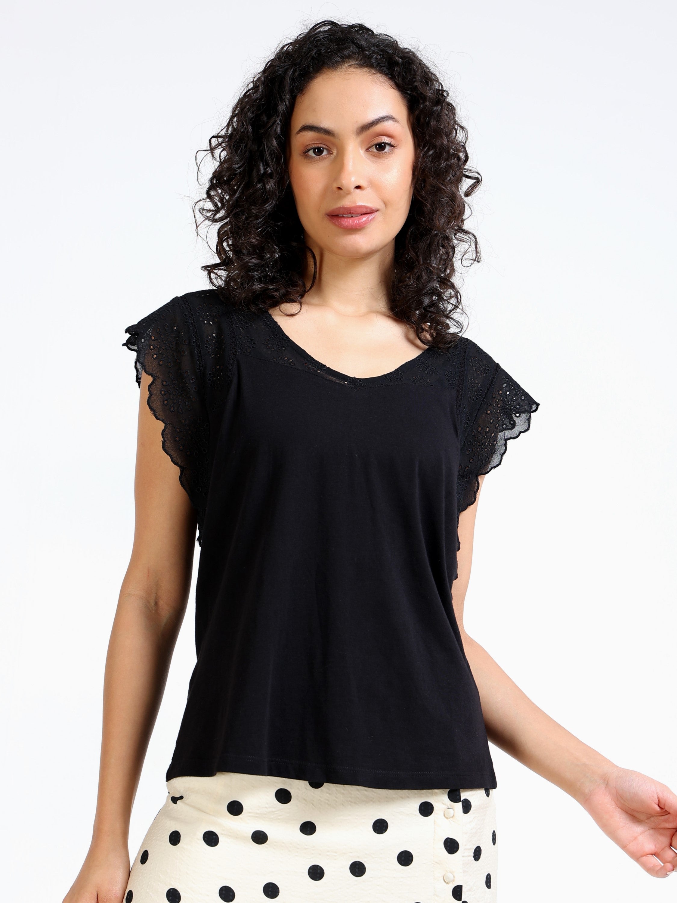 Women Black Shiffli Sleeved Top