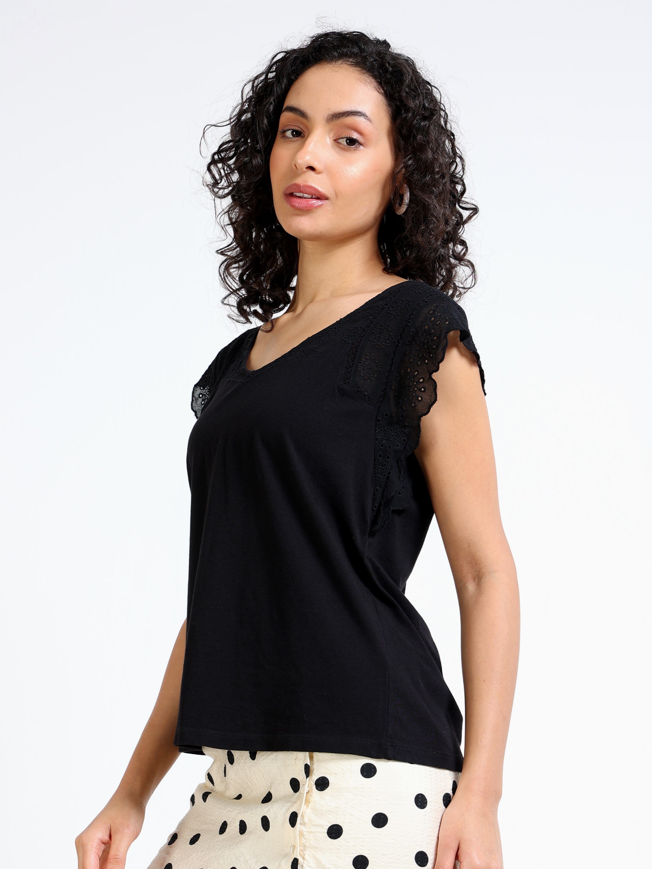 Women Black Shiffli Sleeved Top