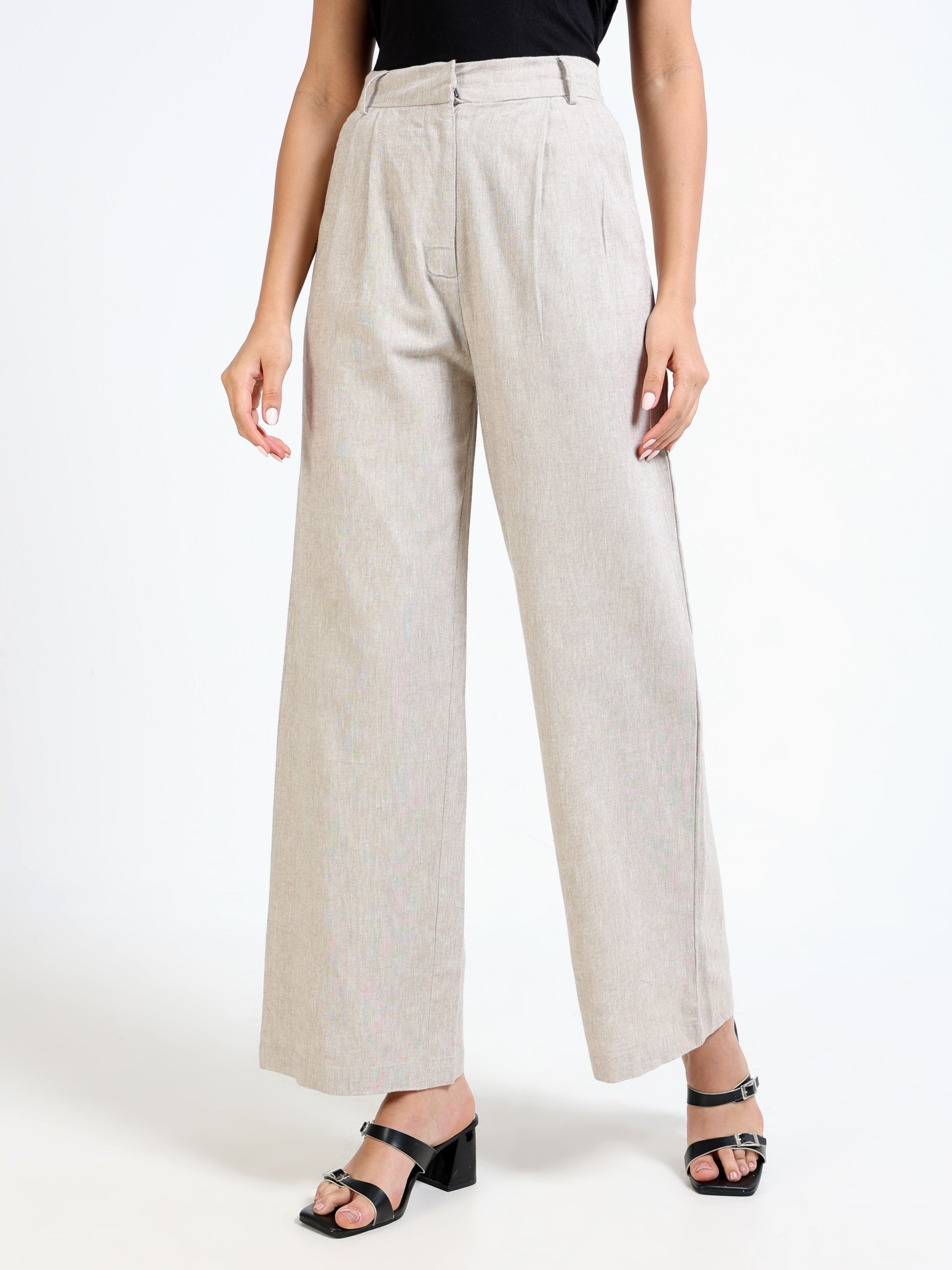 Women Beige Linen Blend Pants