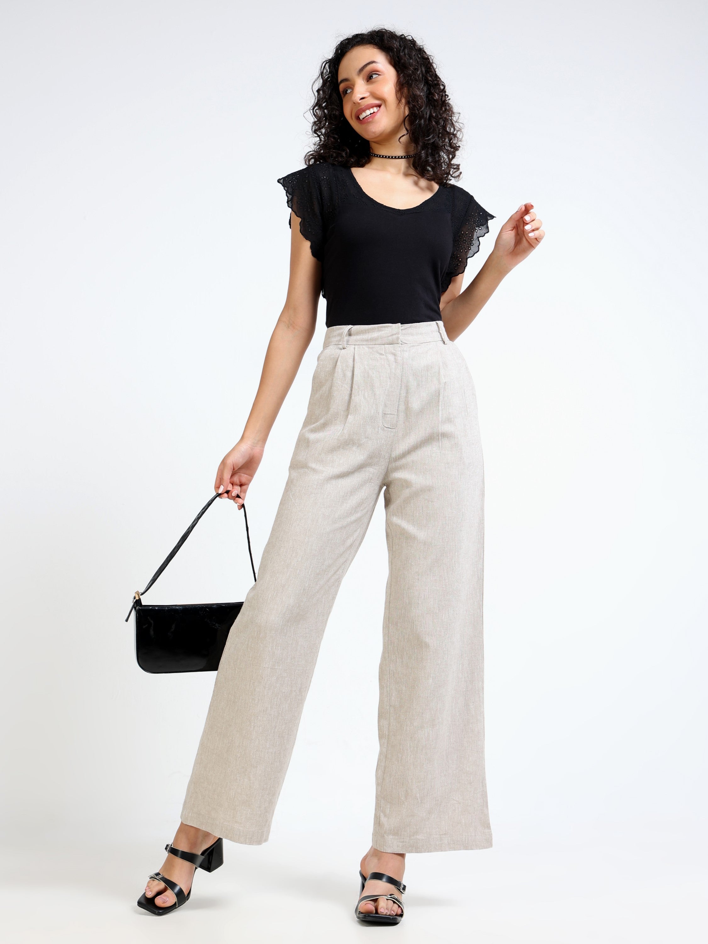 Women Beige Linen Blend Pants
