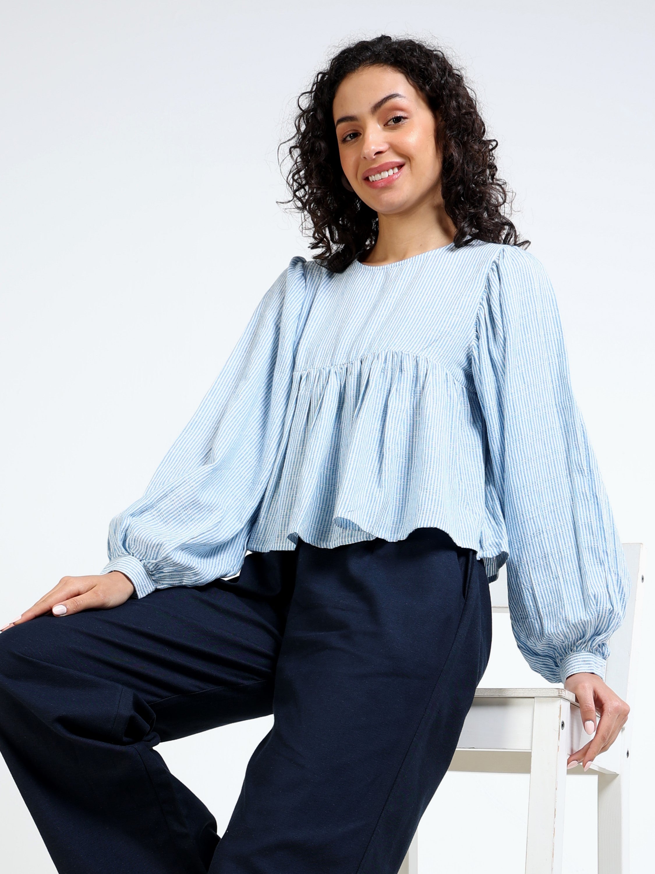 Women Blue Stripe Peplum Top