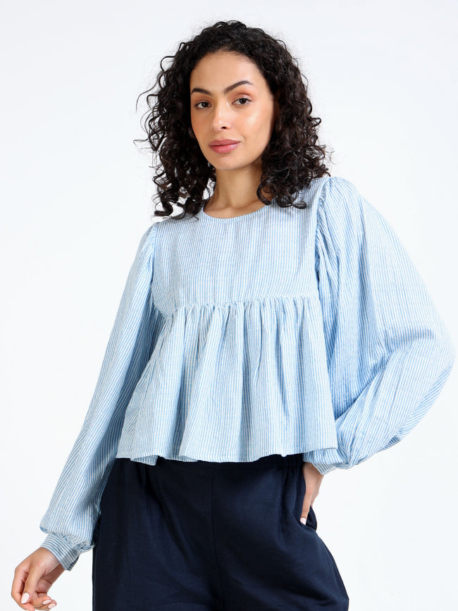 Women Blue Stripe Peplum Top