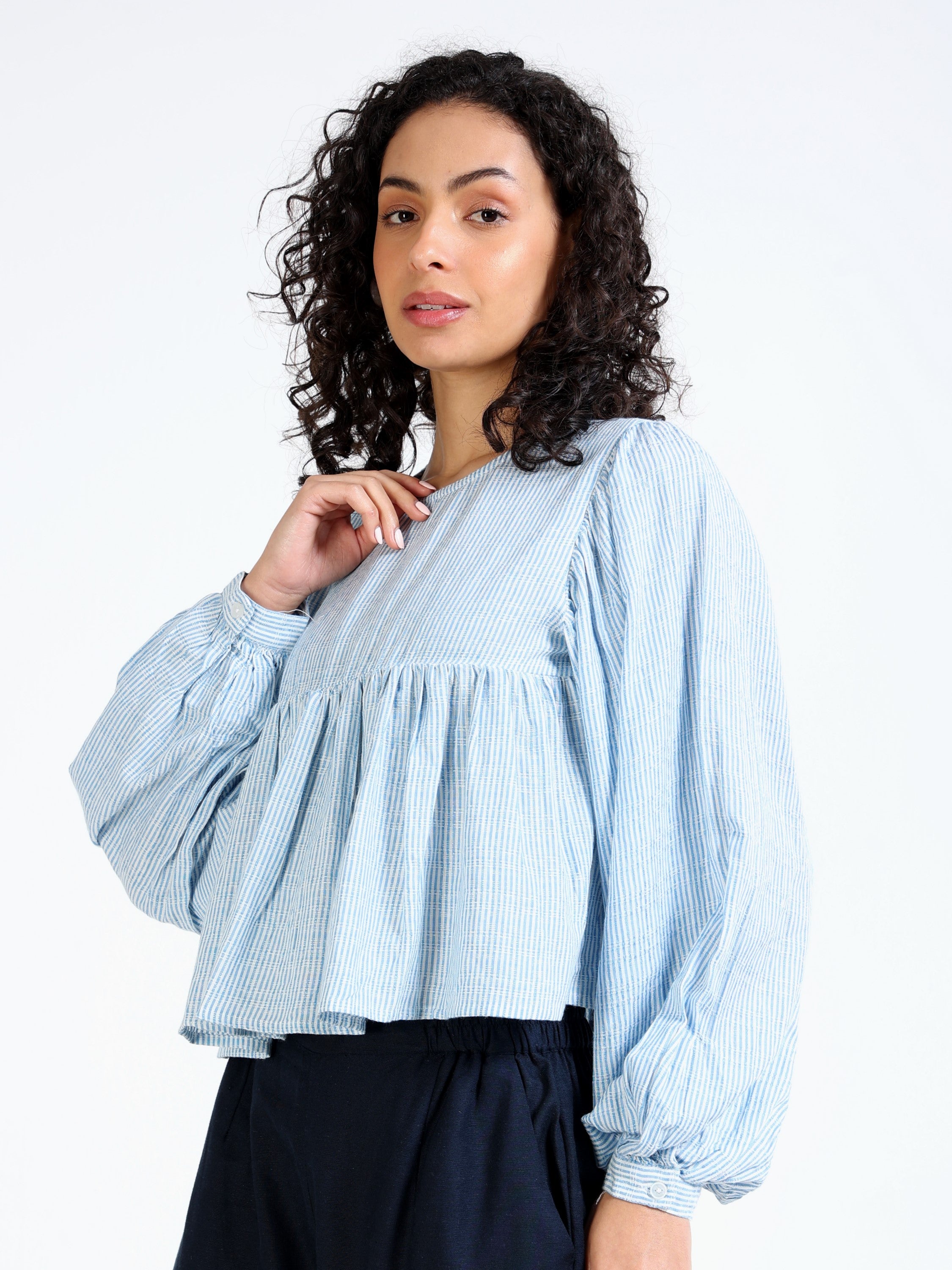 Women Blue Stripe Peplum Top