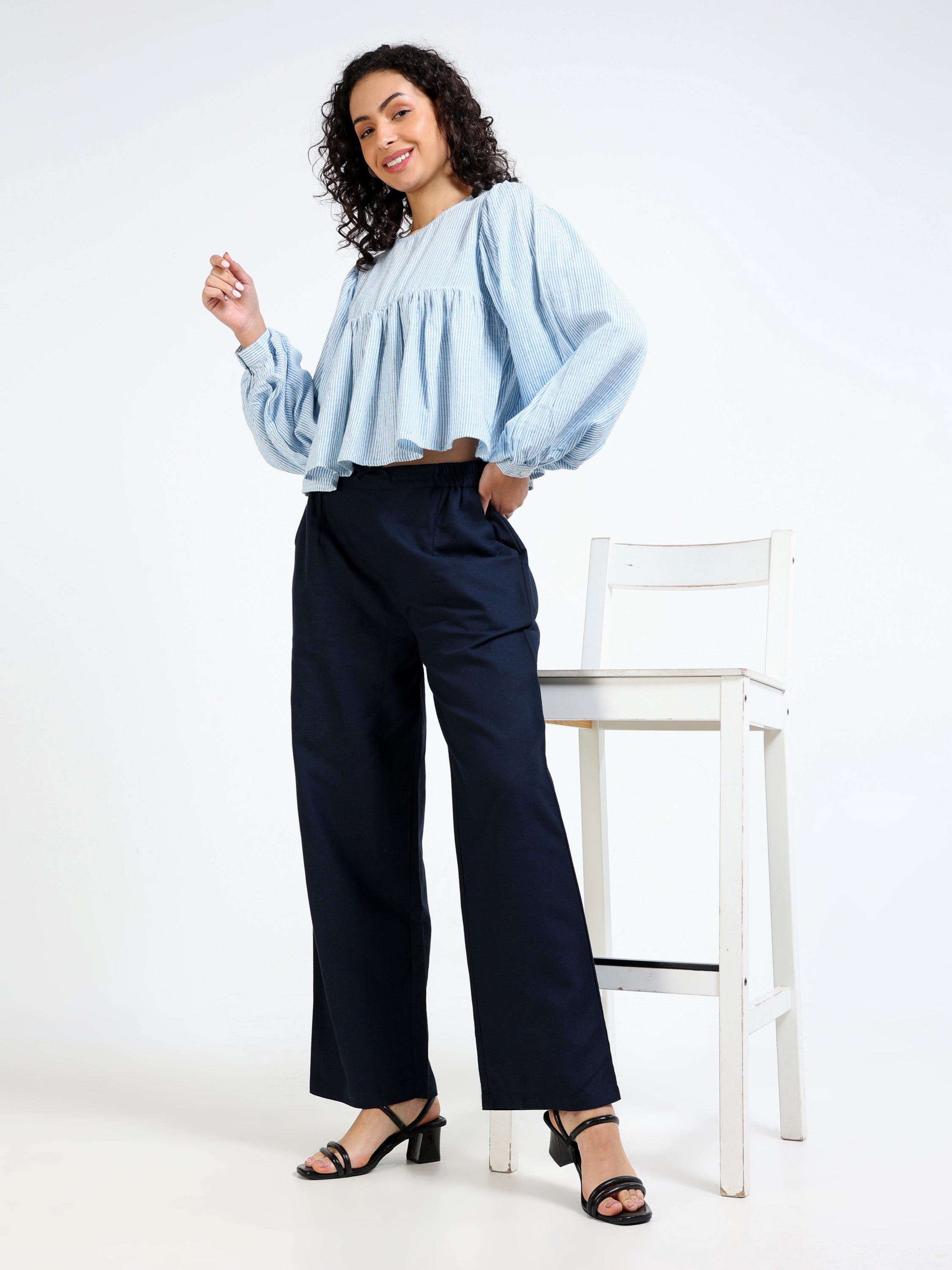Women Blue Stripe Peplum Top
