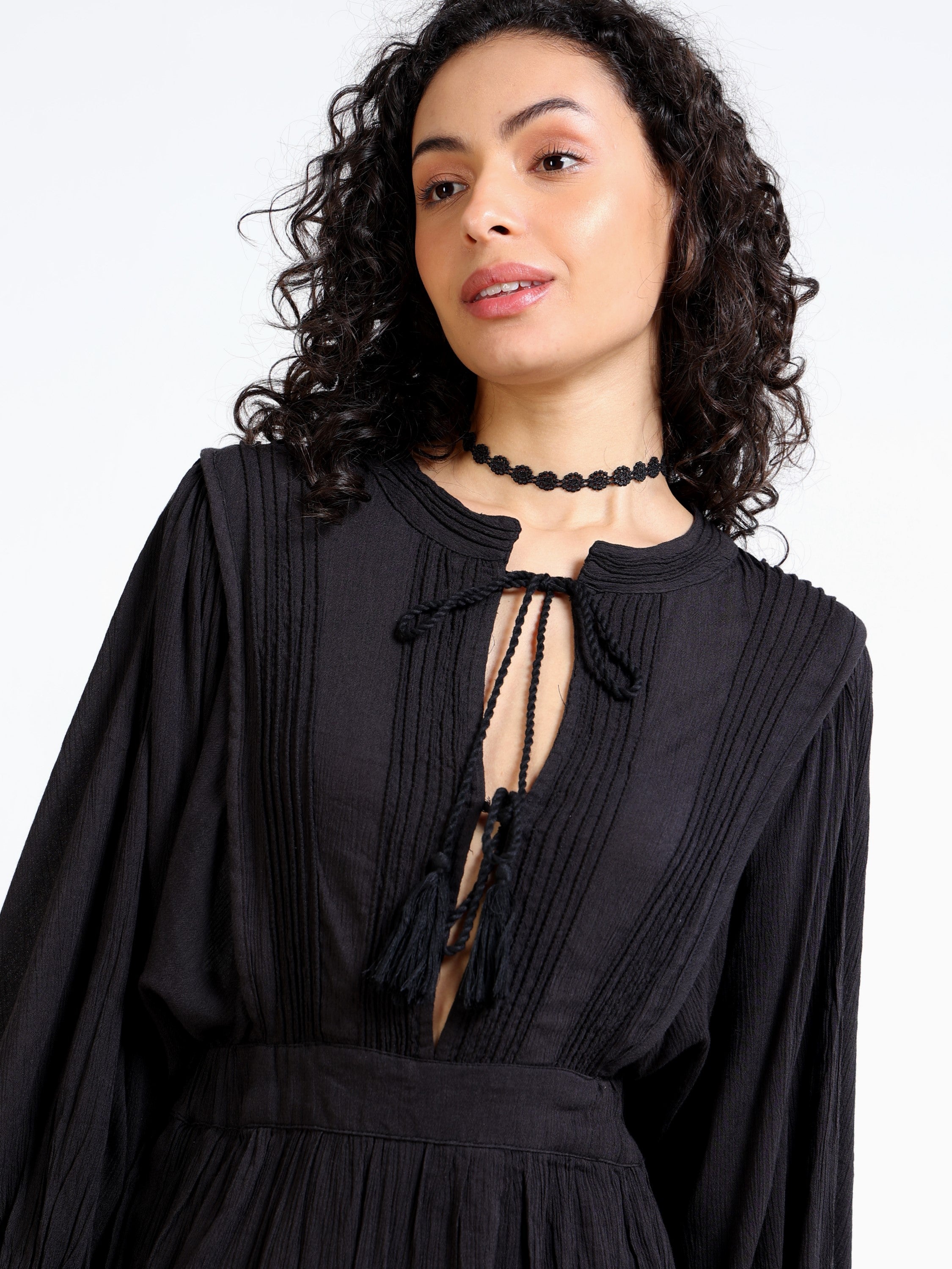 Women Black Fit & Flare Dress with Elasitcated Waist