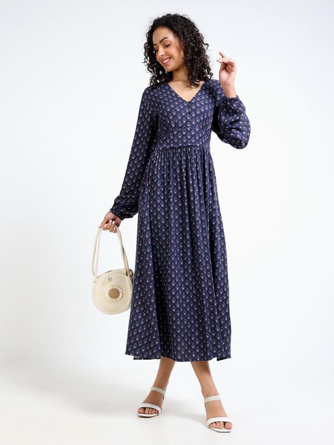 Women Blue Printed A-Line Maxi Dress