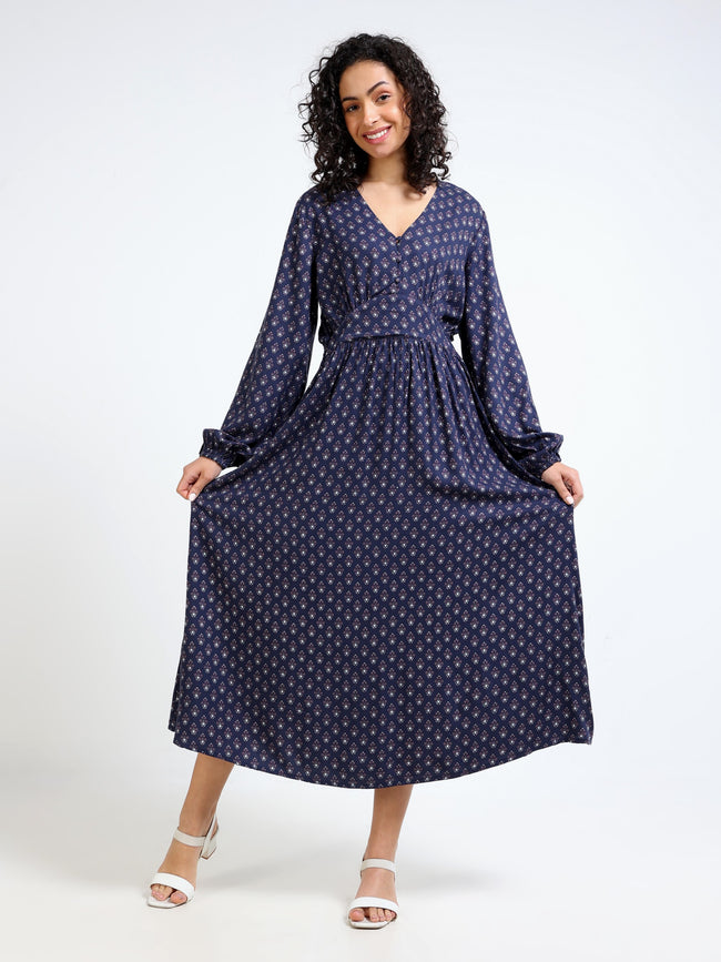 Women Blue Printed A-Line Maxi Dress
