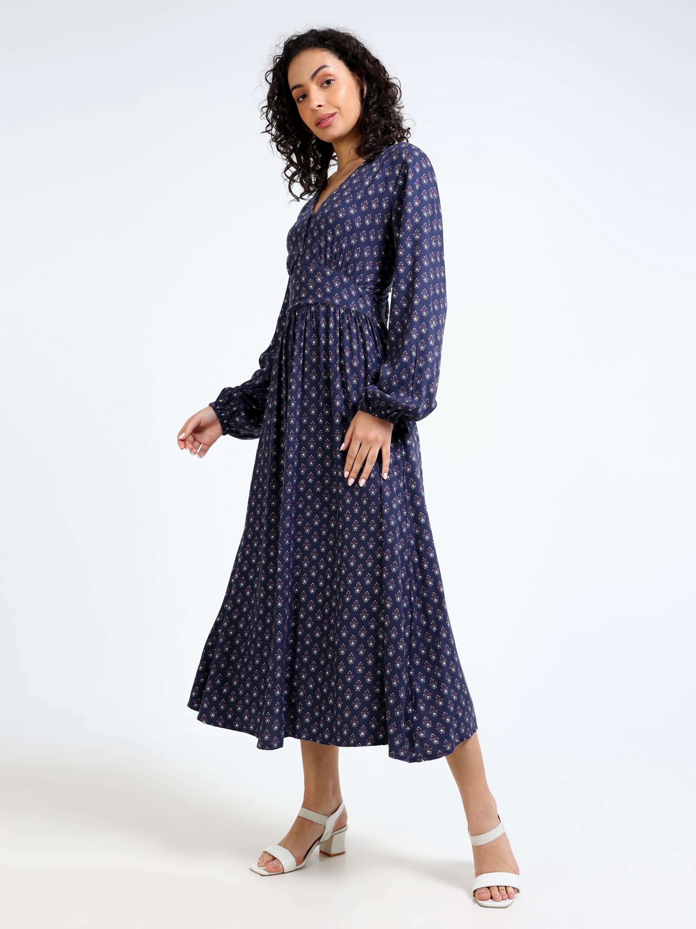 Women Blue Printed A-Line Maxi Dress