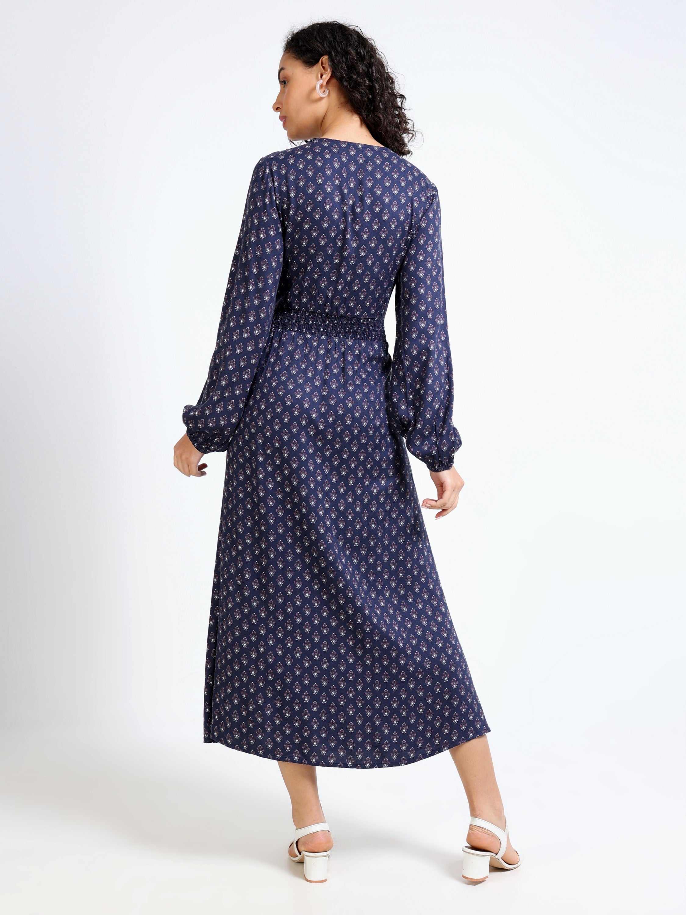 Women Blue Printed A-Line Maxi Dress