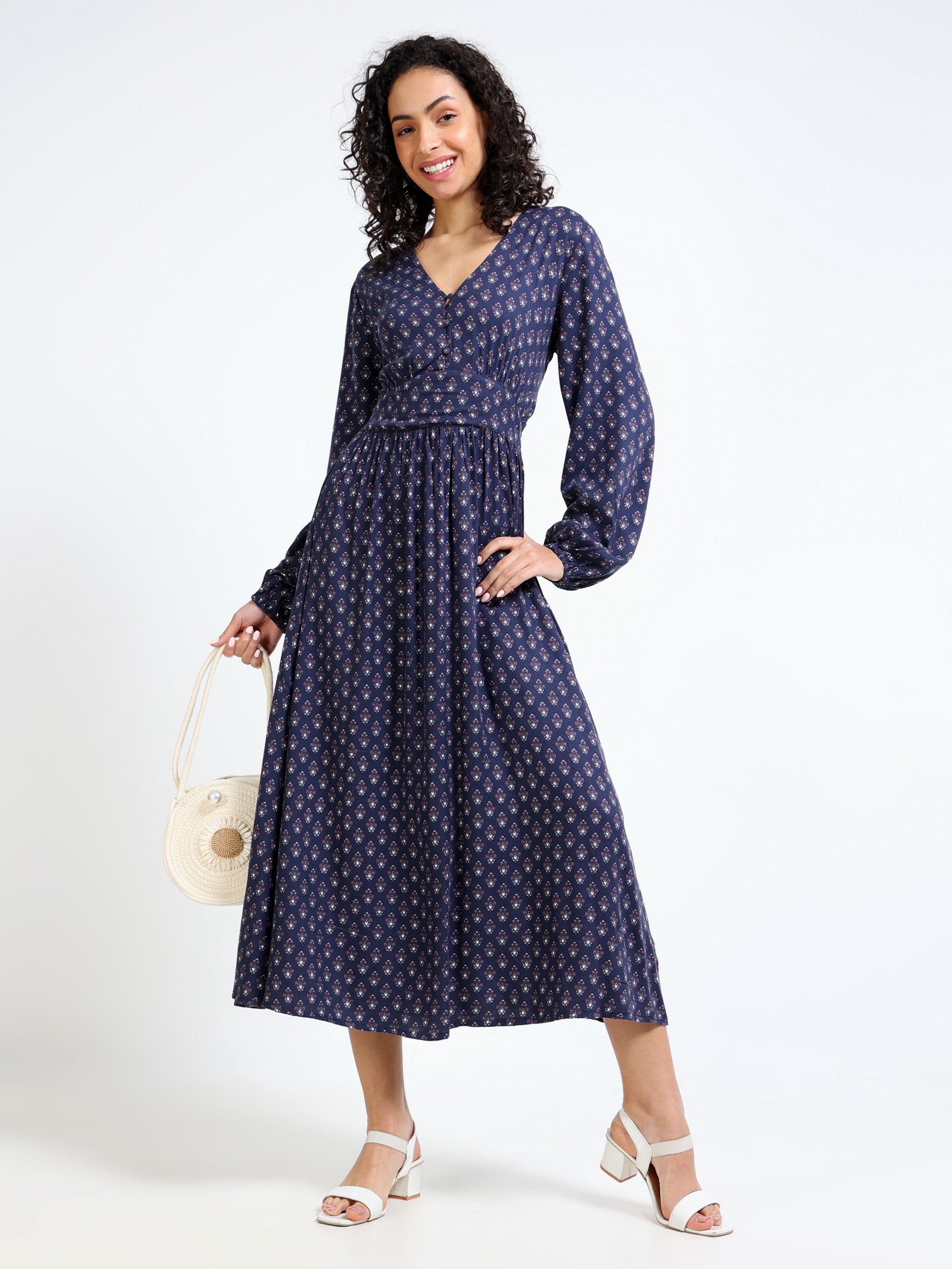 Women Blue Printed A-Line Maxi Dress
