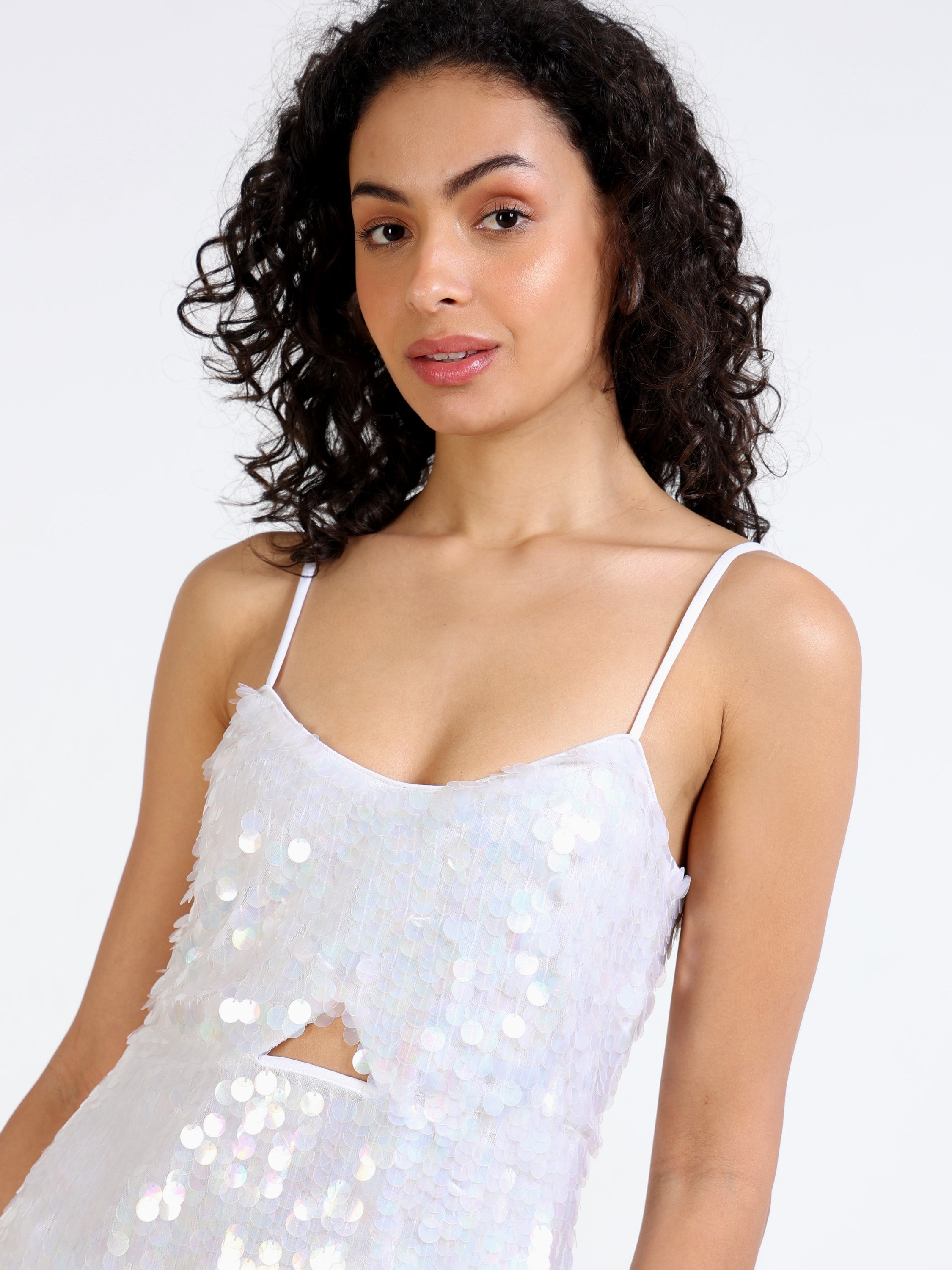 Women White & Green Sequin Dress