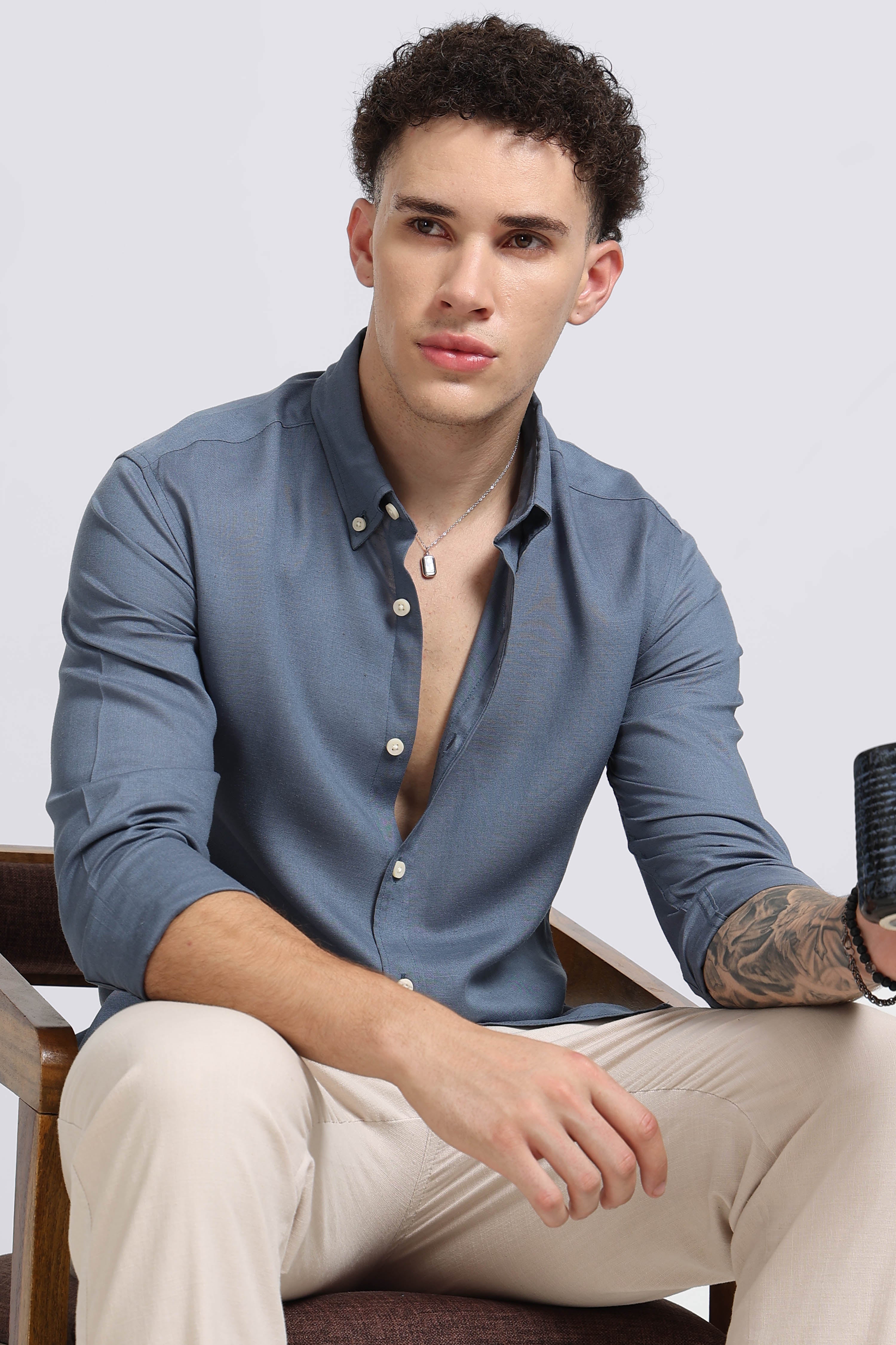 Men Blue Viscose Linen Shirt