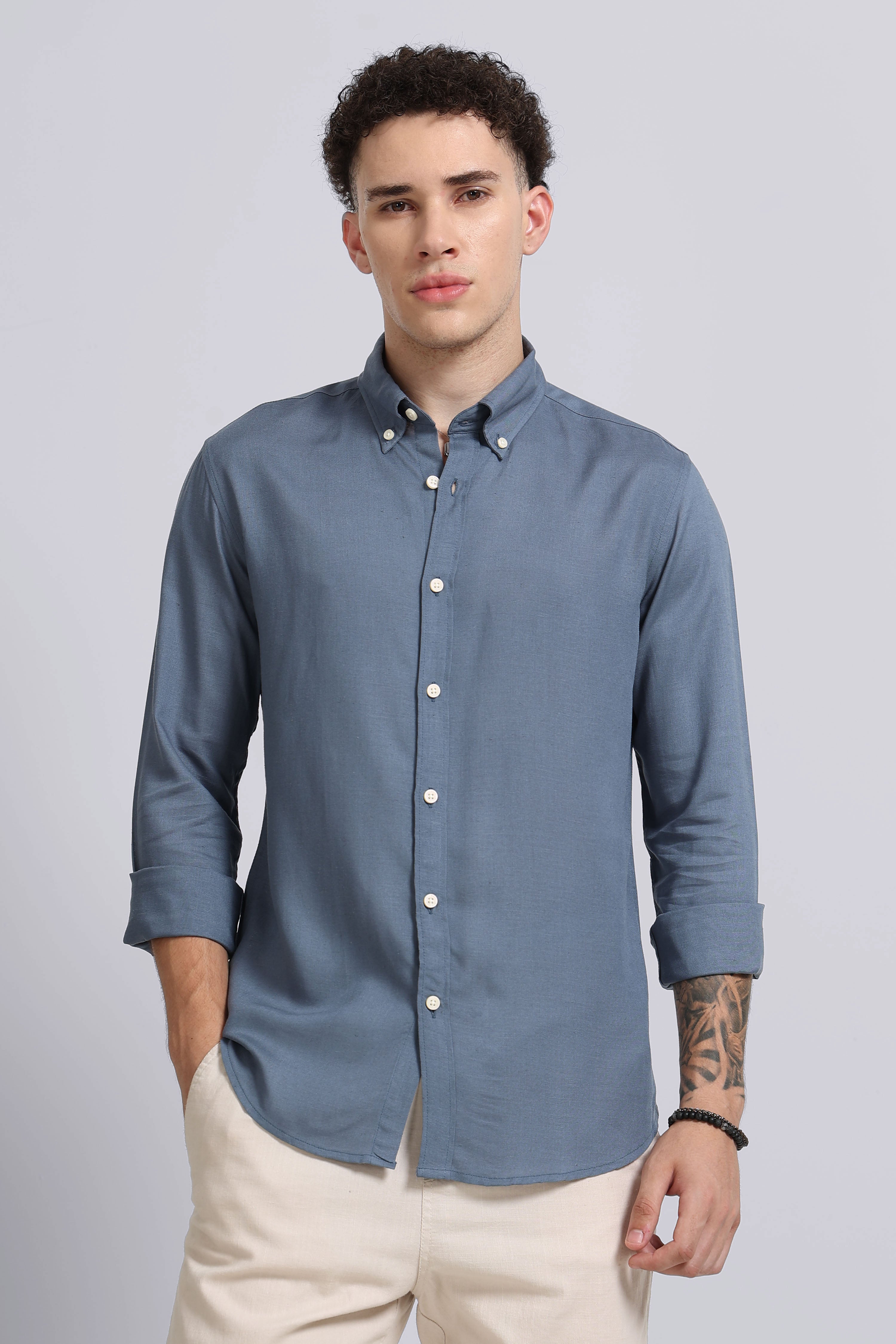 Men Blue Viscose Linen Shirt