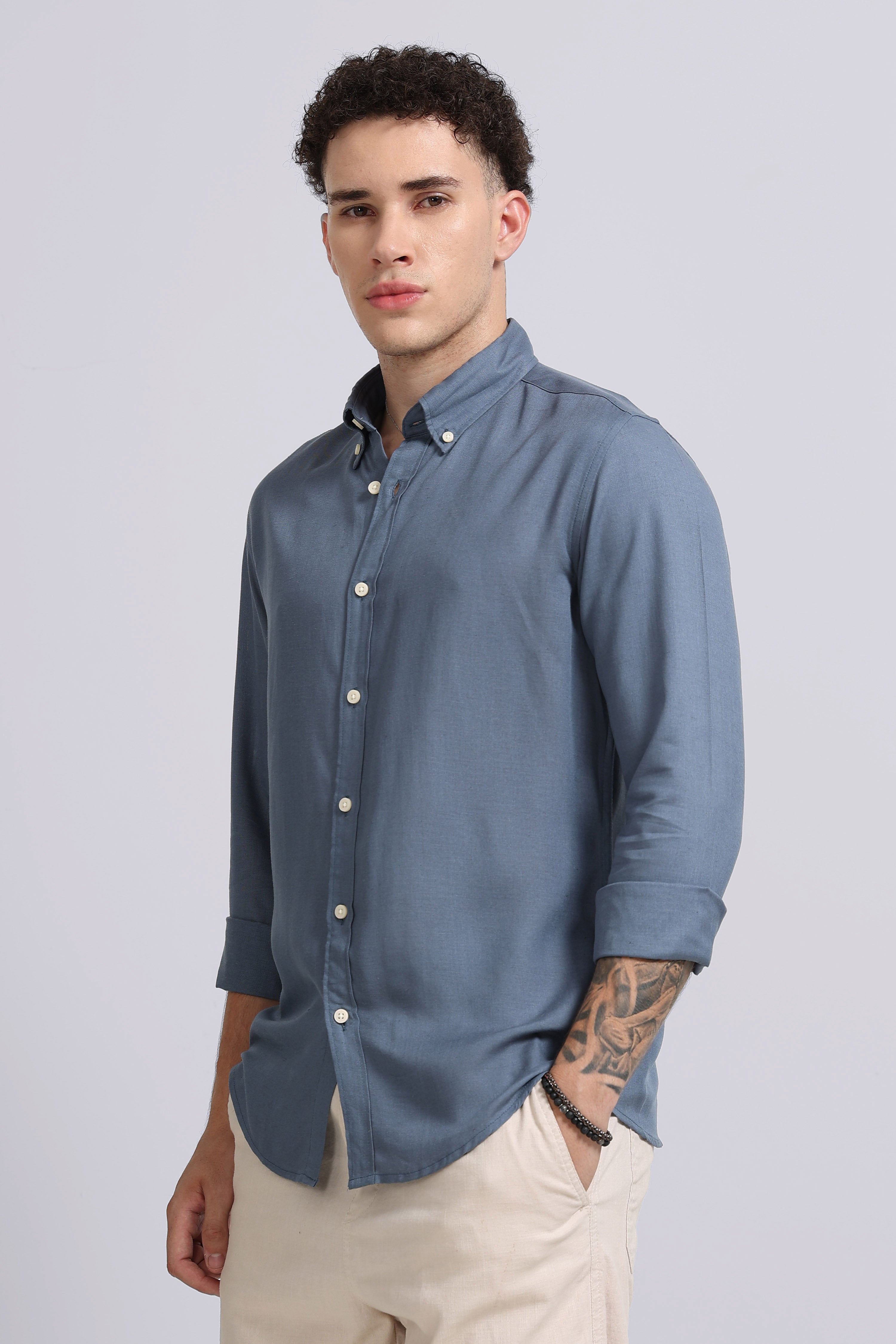 Men Blue Viscose Linen Shirt