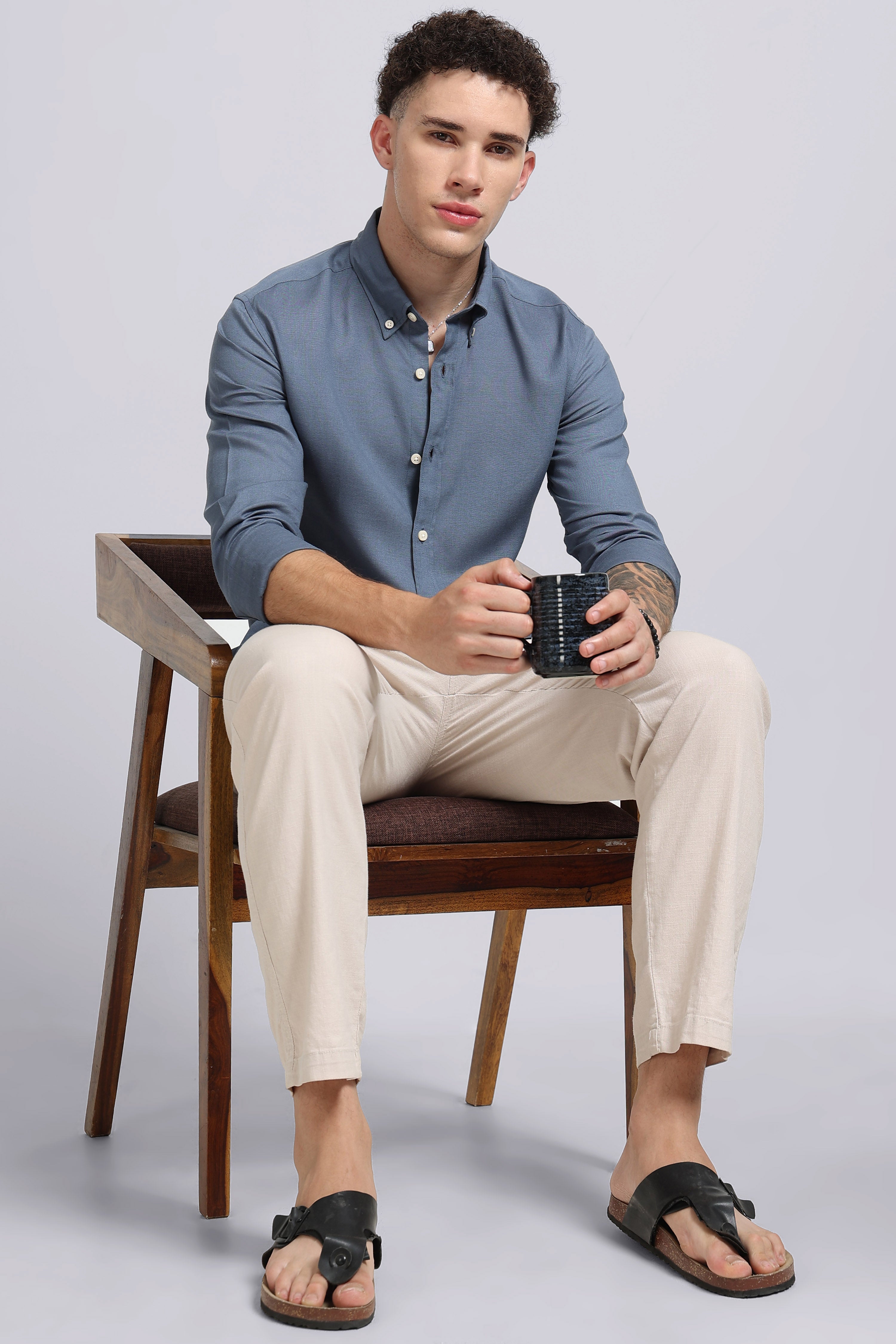 Men Blue Viscose Linen Shirt