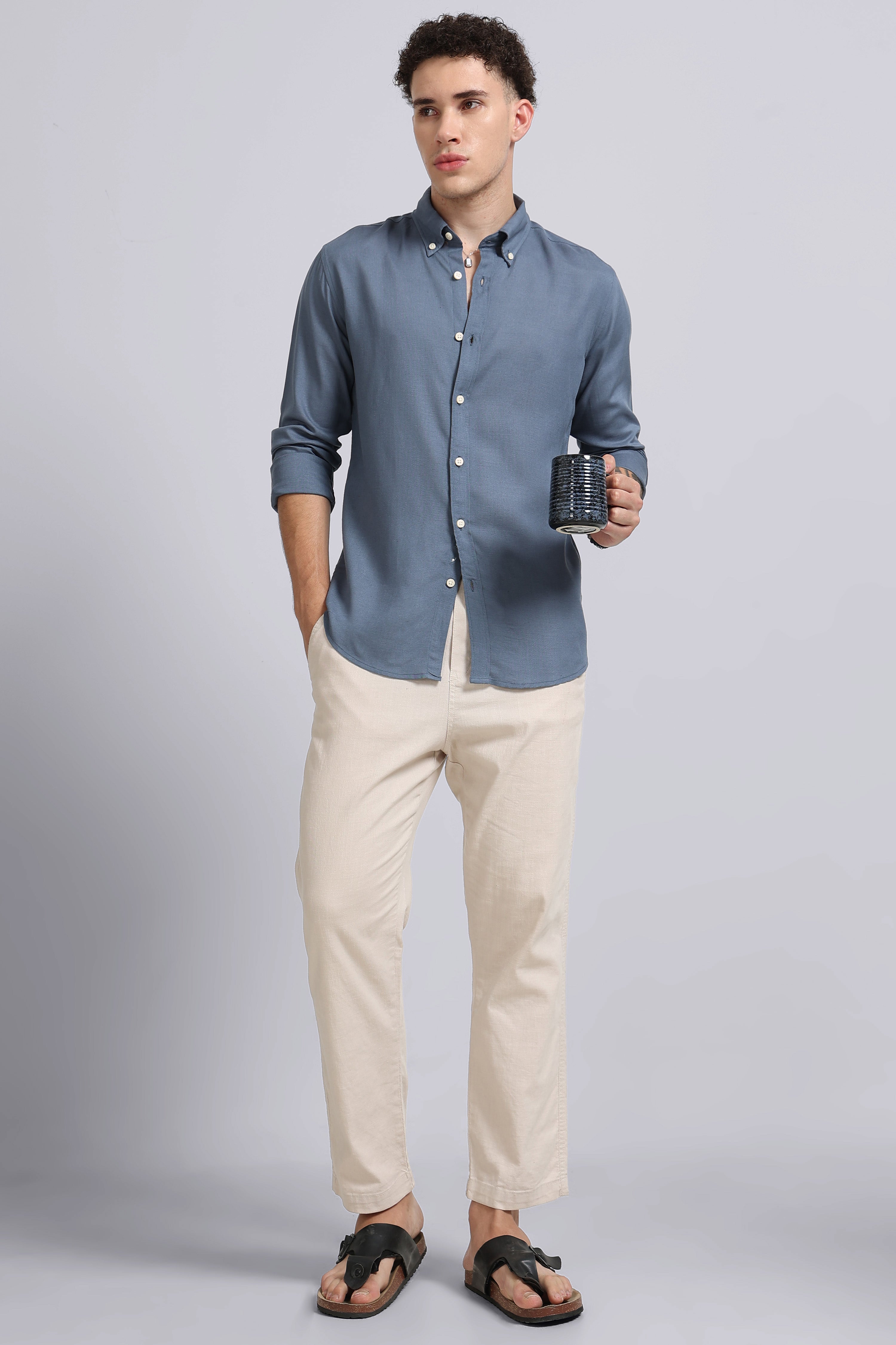 Men Blue Viscose Linen Shirt