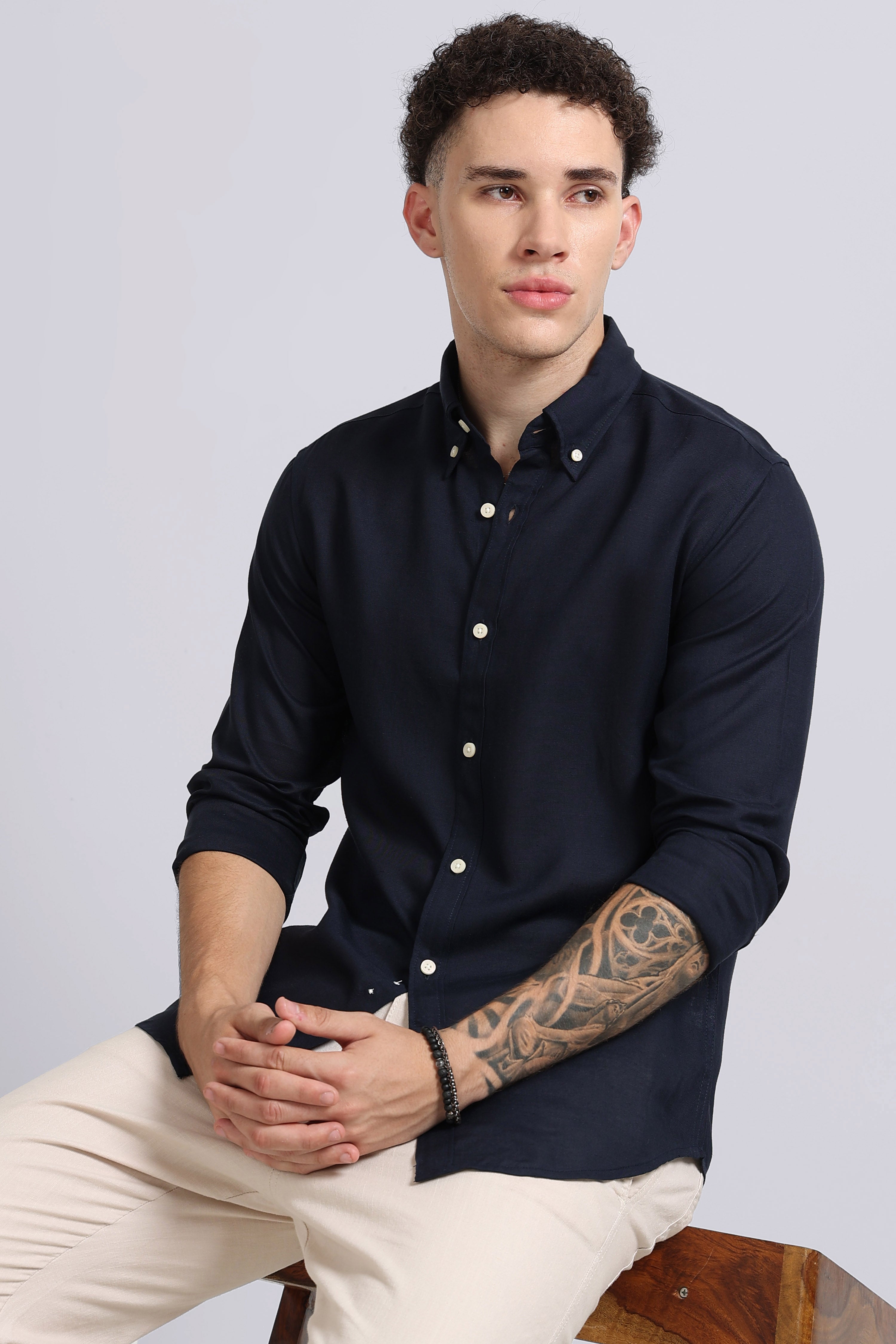 Men Navy Viscose Linen Shirt
