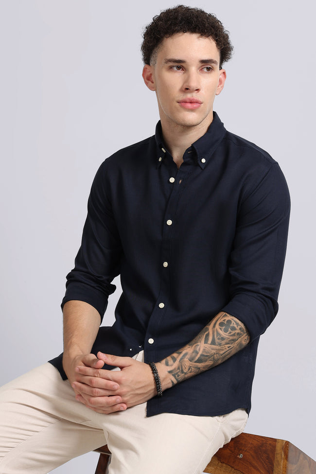 Men Navy Viscose Linen Shirt